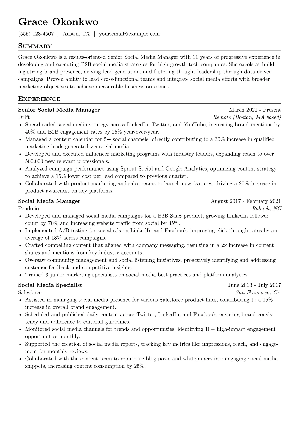 Senior Social Media Manager resume example, B2B Social Media, page 1