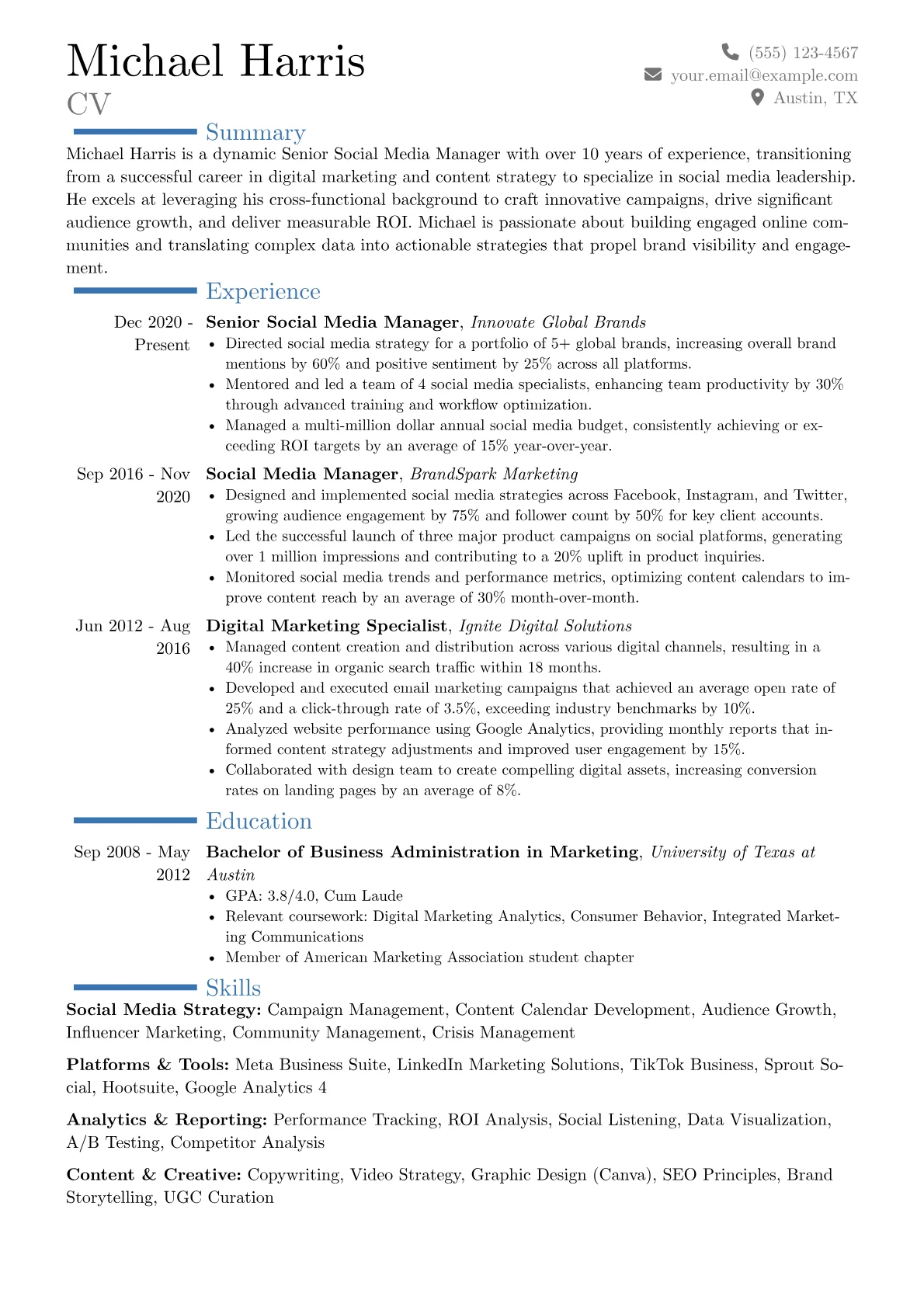 Senior Social Media Manager resume example, Career changer, page 1