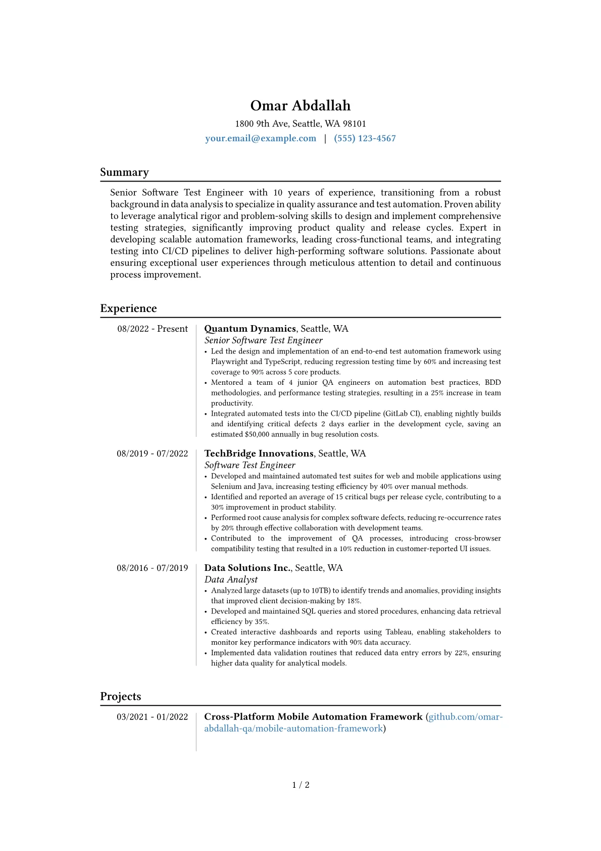 Senior Software Tester resume example, Career changer, page 1