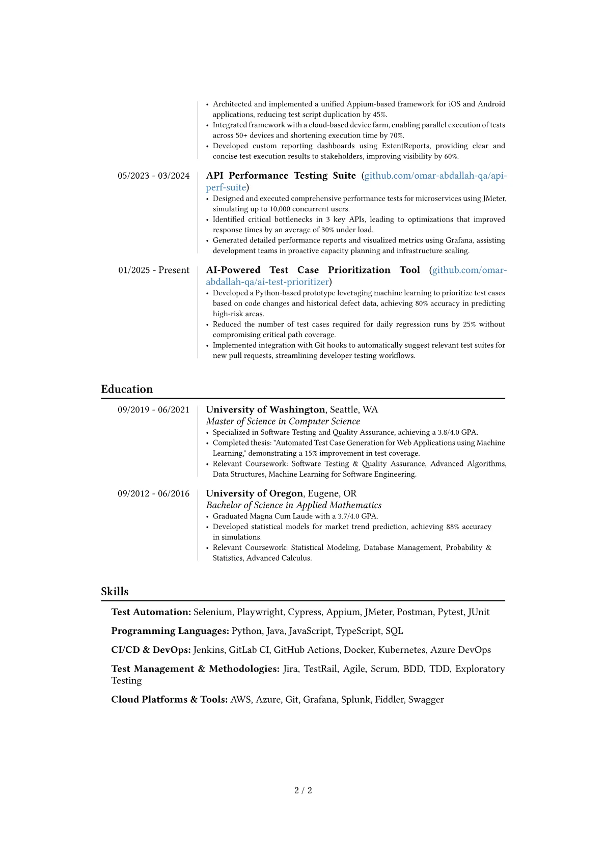 Senior Software Tester resume example, Career changer, page 2