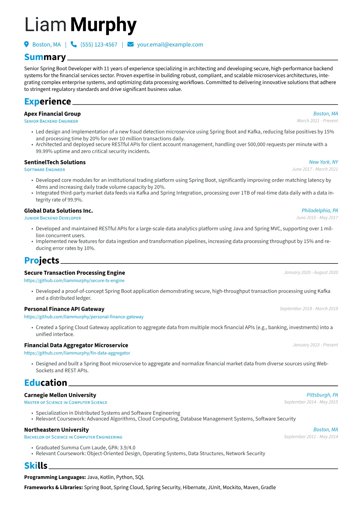 Senior Spring Boot Developer resume example, Senior Spring Boot, page 1