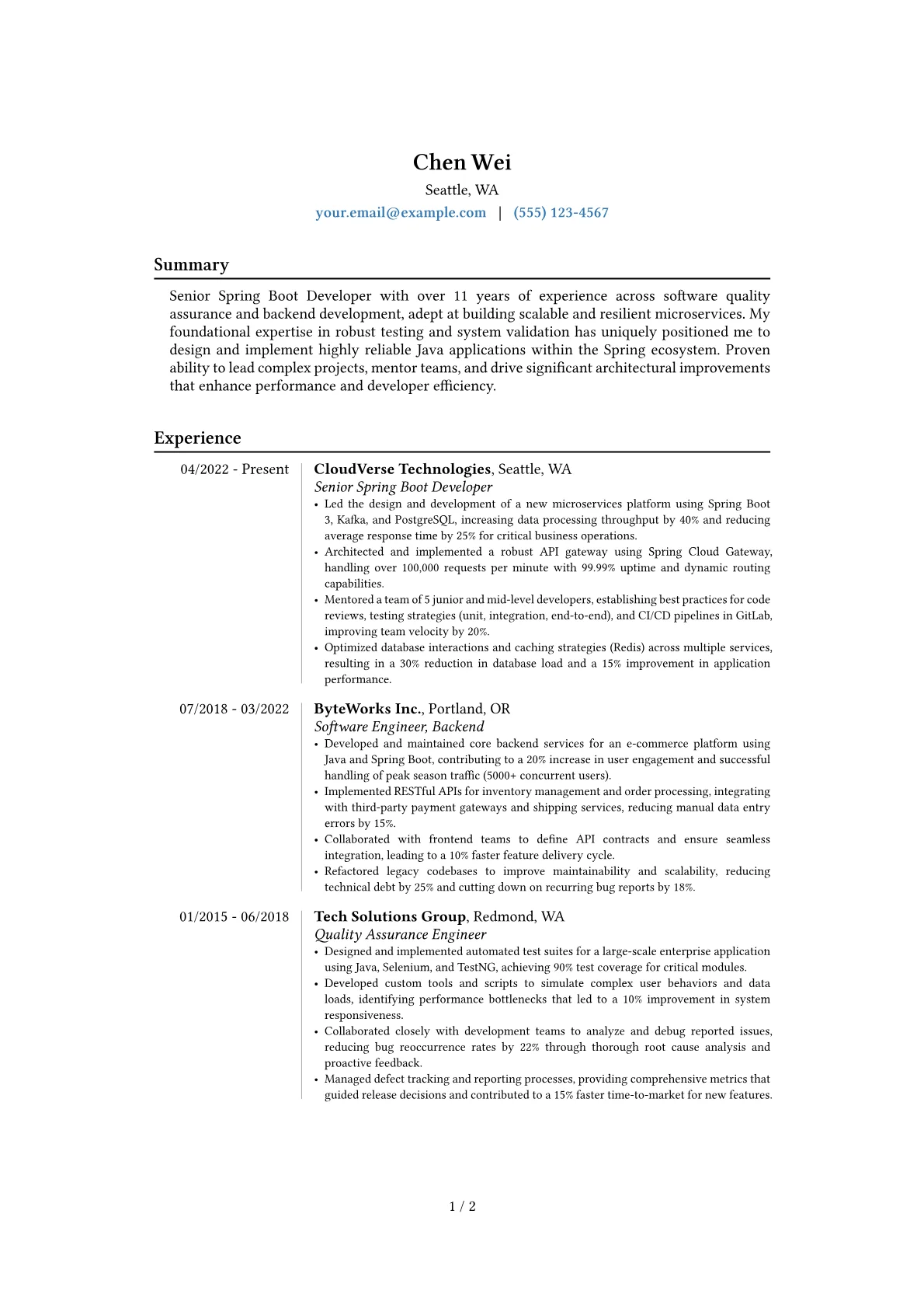 Senior Spring Boot Developer resume example, Career changer, page 1