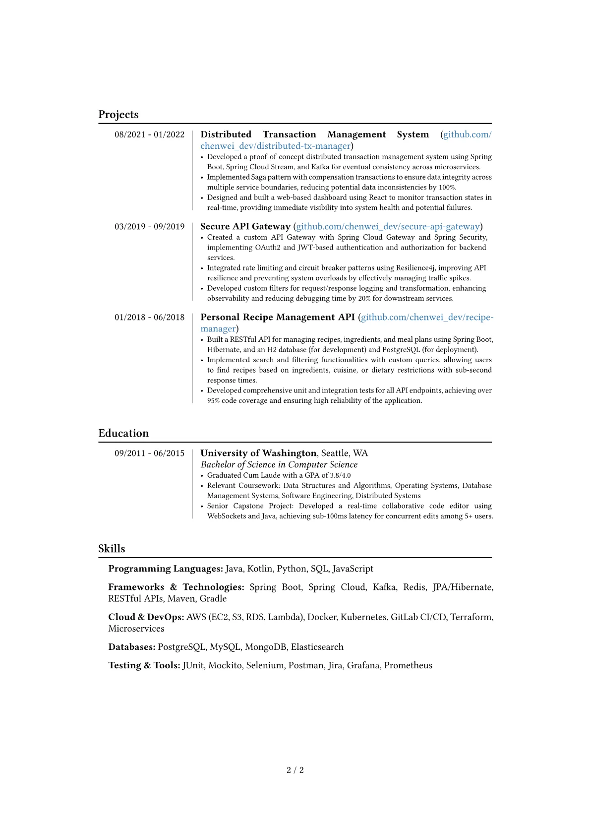 Senior Spring Boot Developer resume example, Career changer, page 2