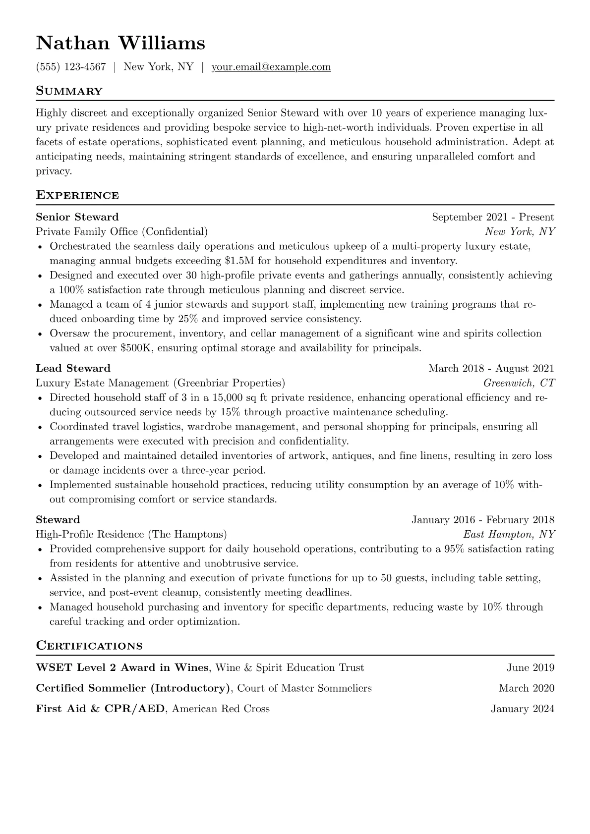 Senior Steward resume example, Senior Steward, page 1