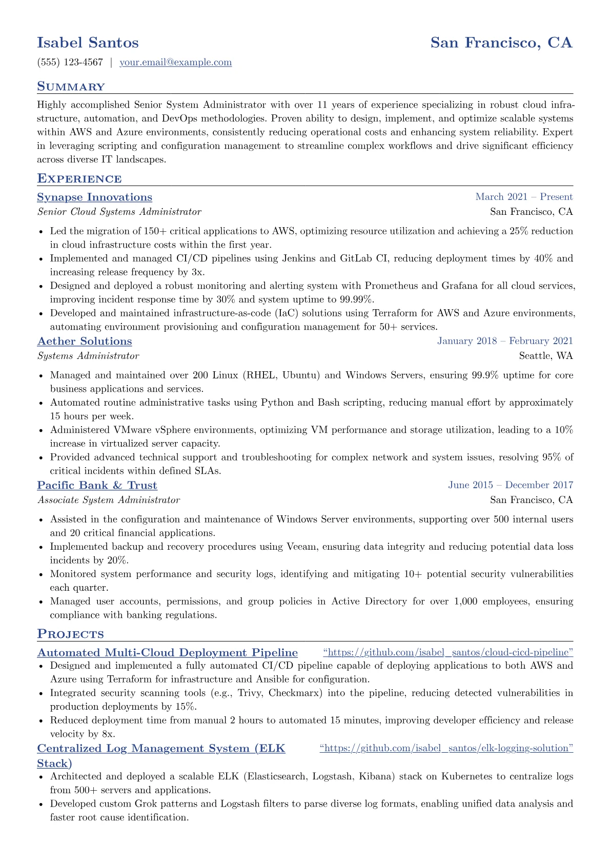 Senior System Administrator resume example, Cloud Infrastructure, page 1