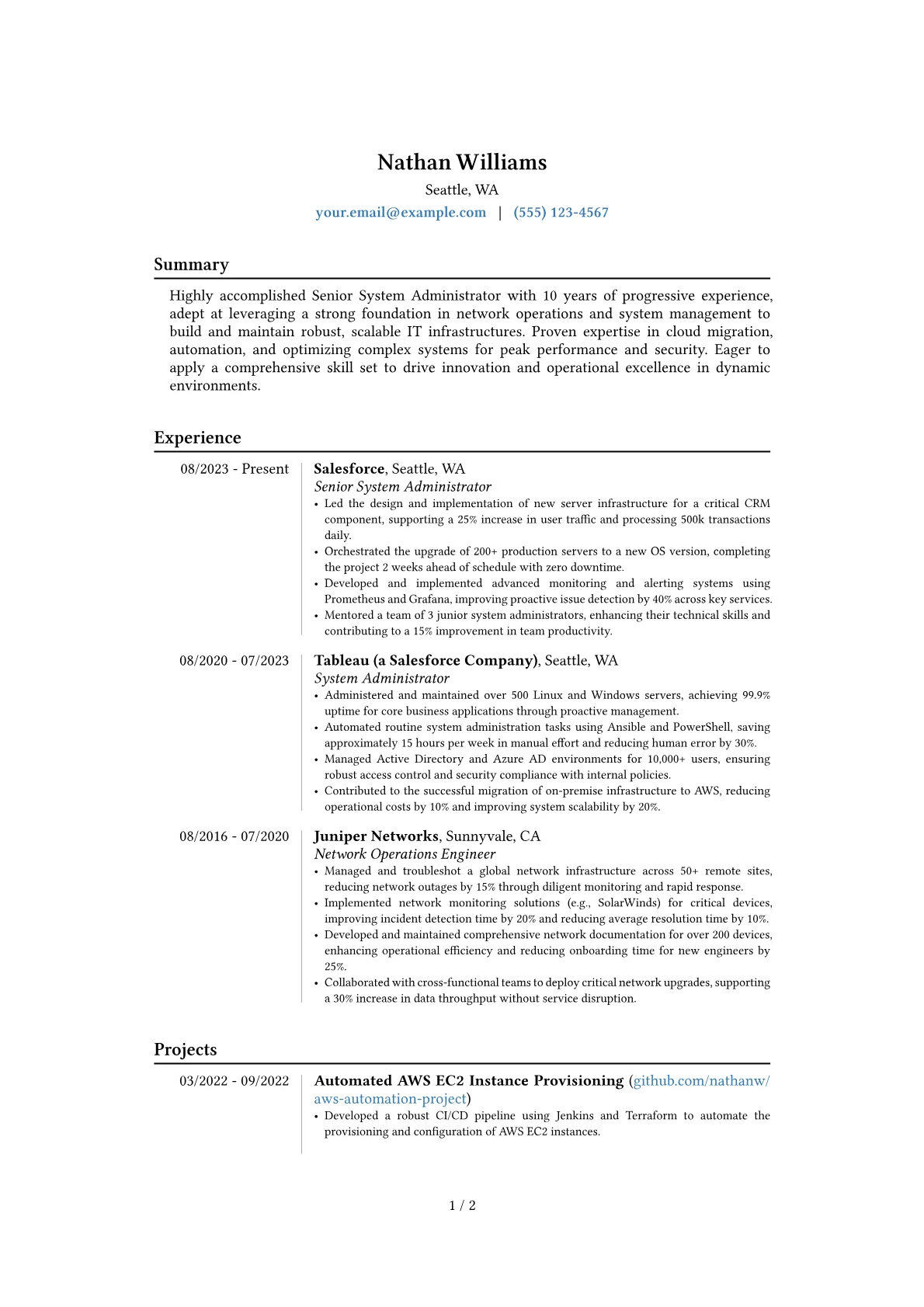 Senior System Administrator resume example, Career changer, page 1