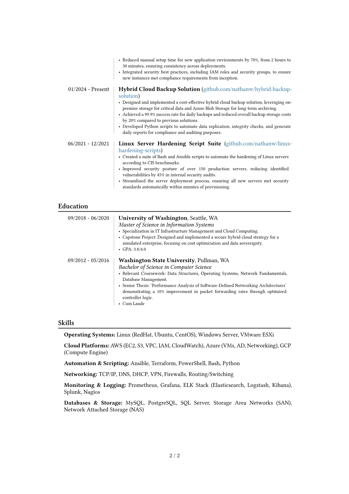 Senior System Administrator resume example, Career changer, page 2