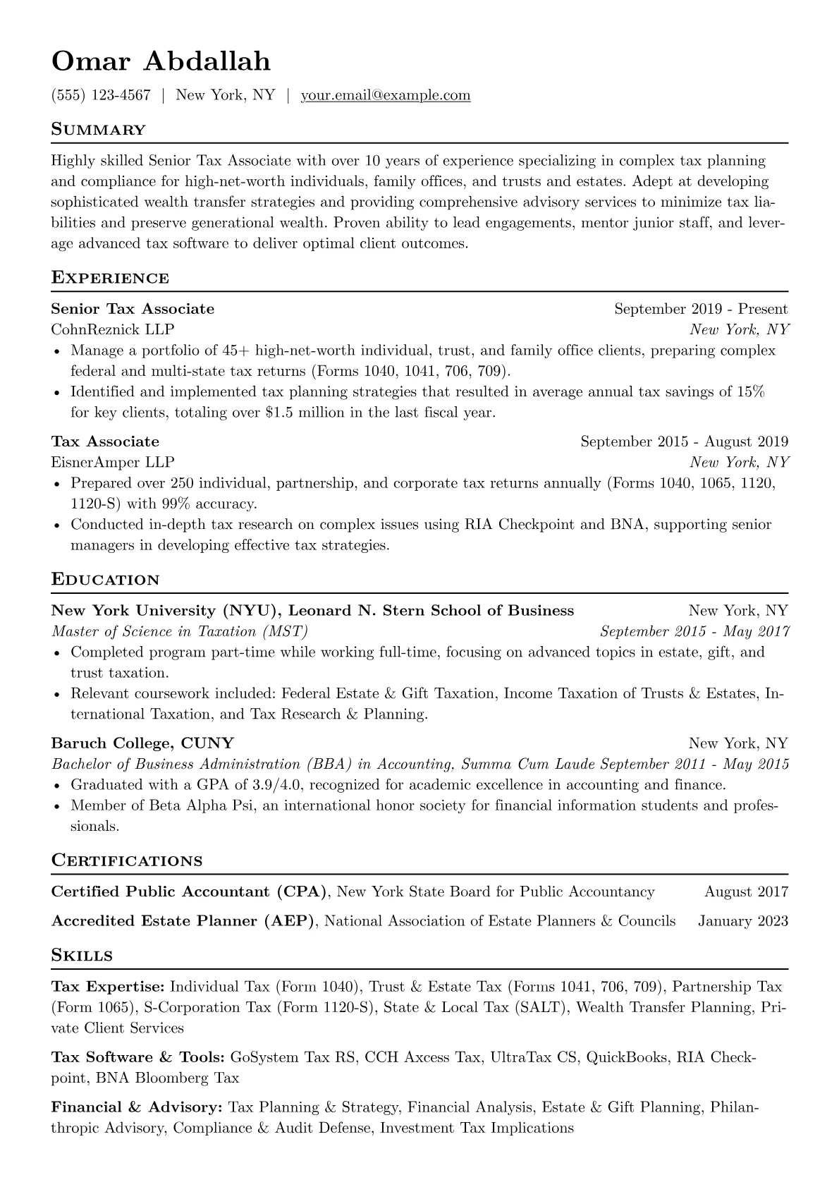 Senior Tax Associate resume example, Senior Tax Associate, page 1