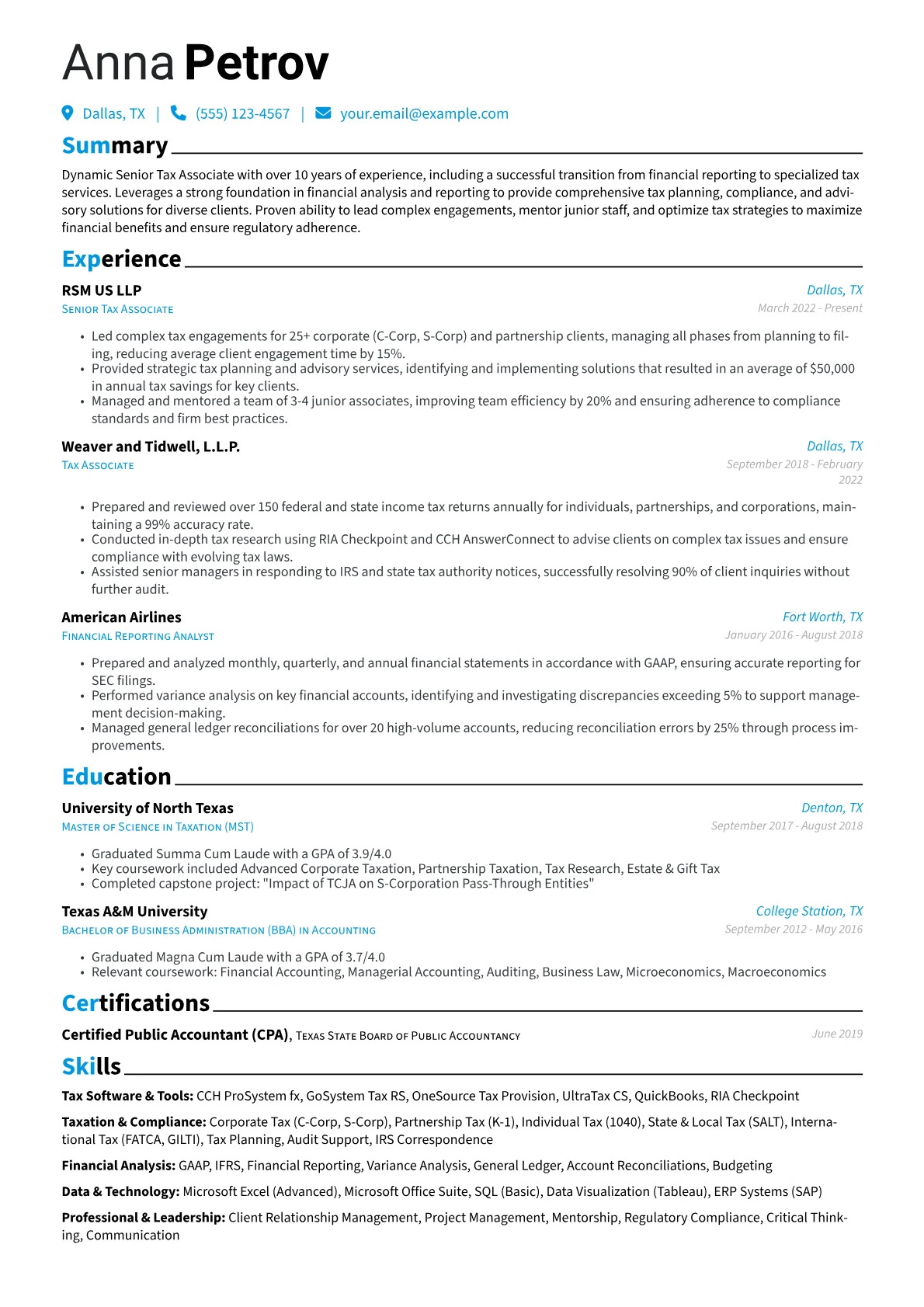 Senior Tax Associate resume example, Career changer, page 1