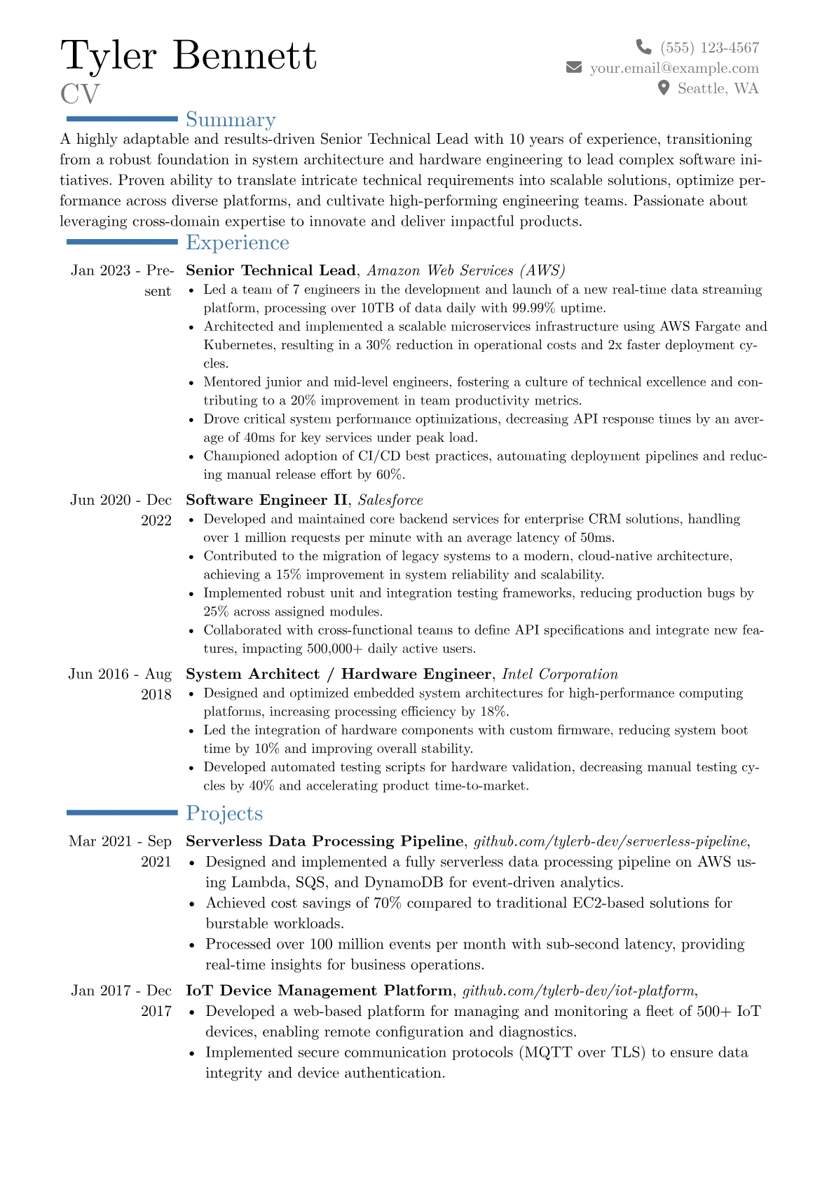 Senior Technical Lead resume example, Career changer, page 1