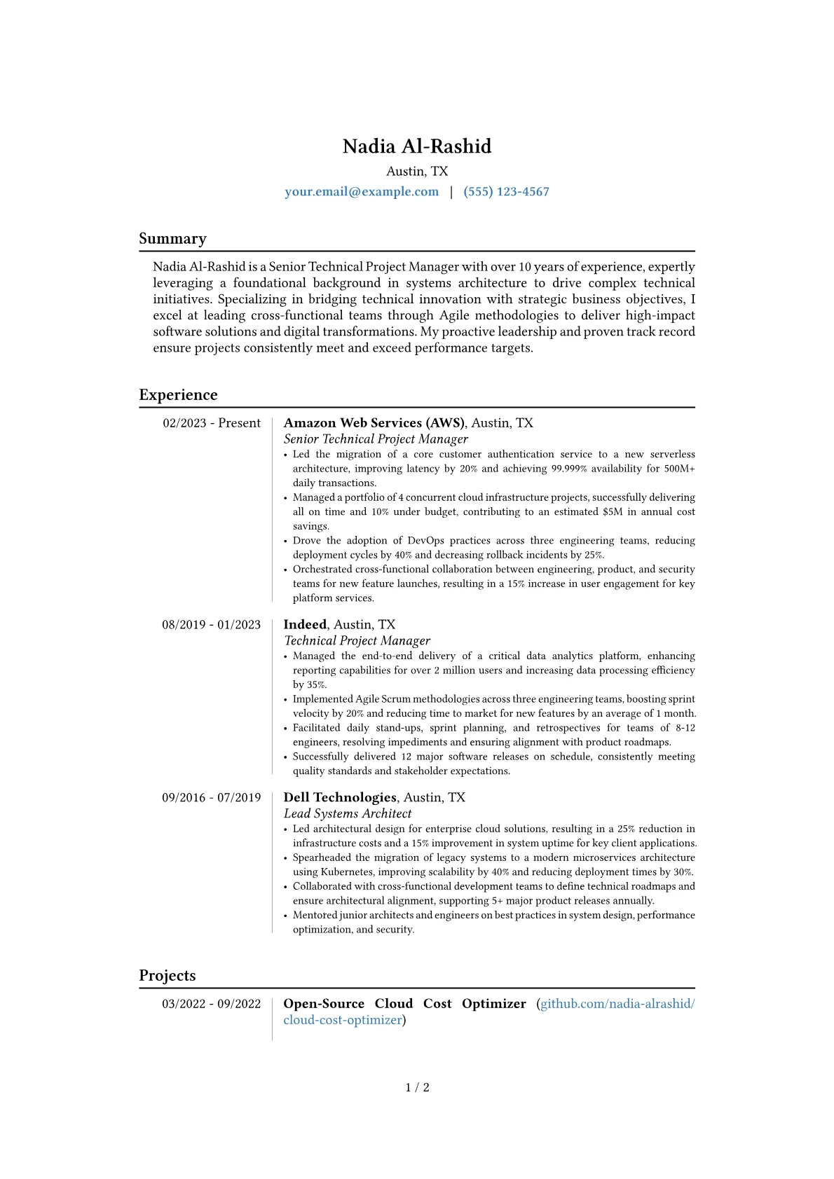 Senior Technical Project Manager resume example, Career changer, page 1