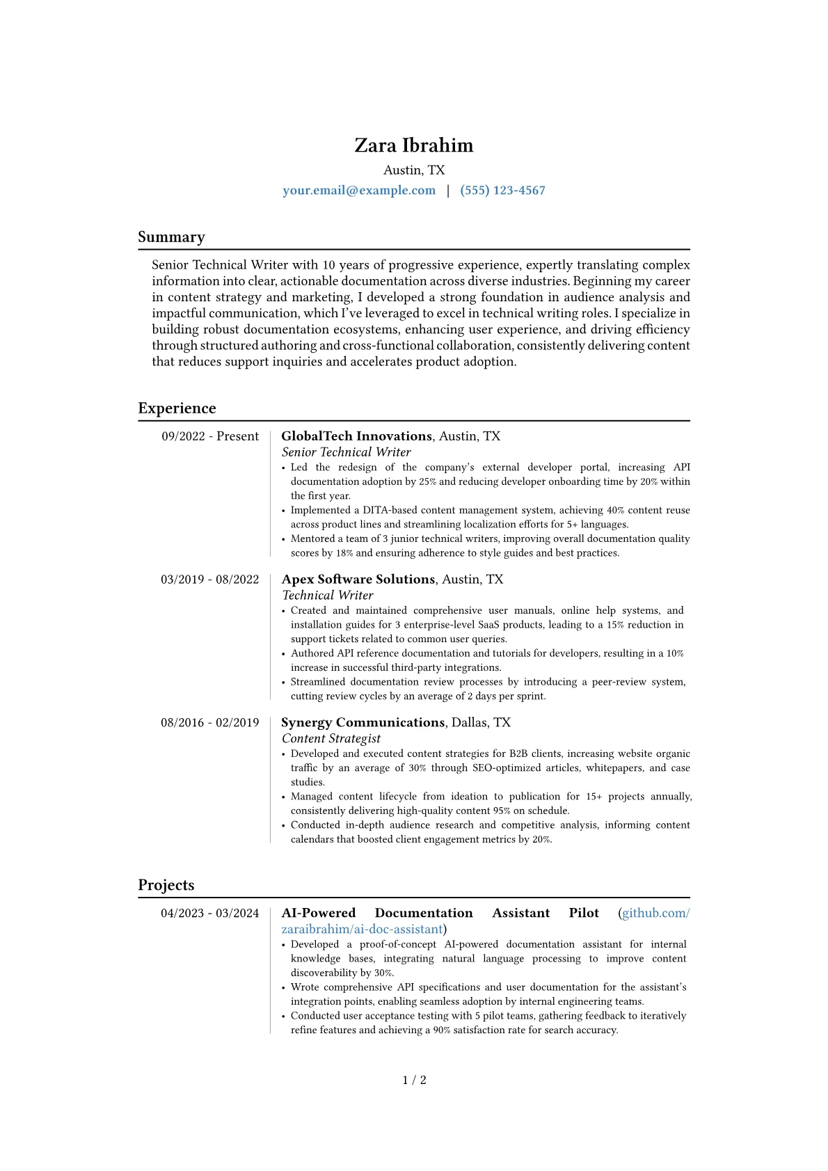 Senior Technical Writer resume example, Career changer, page 1