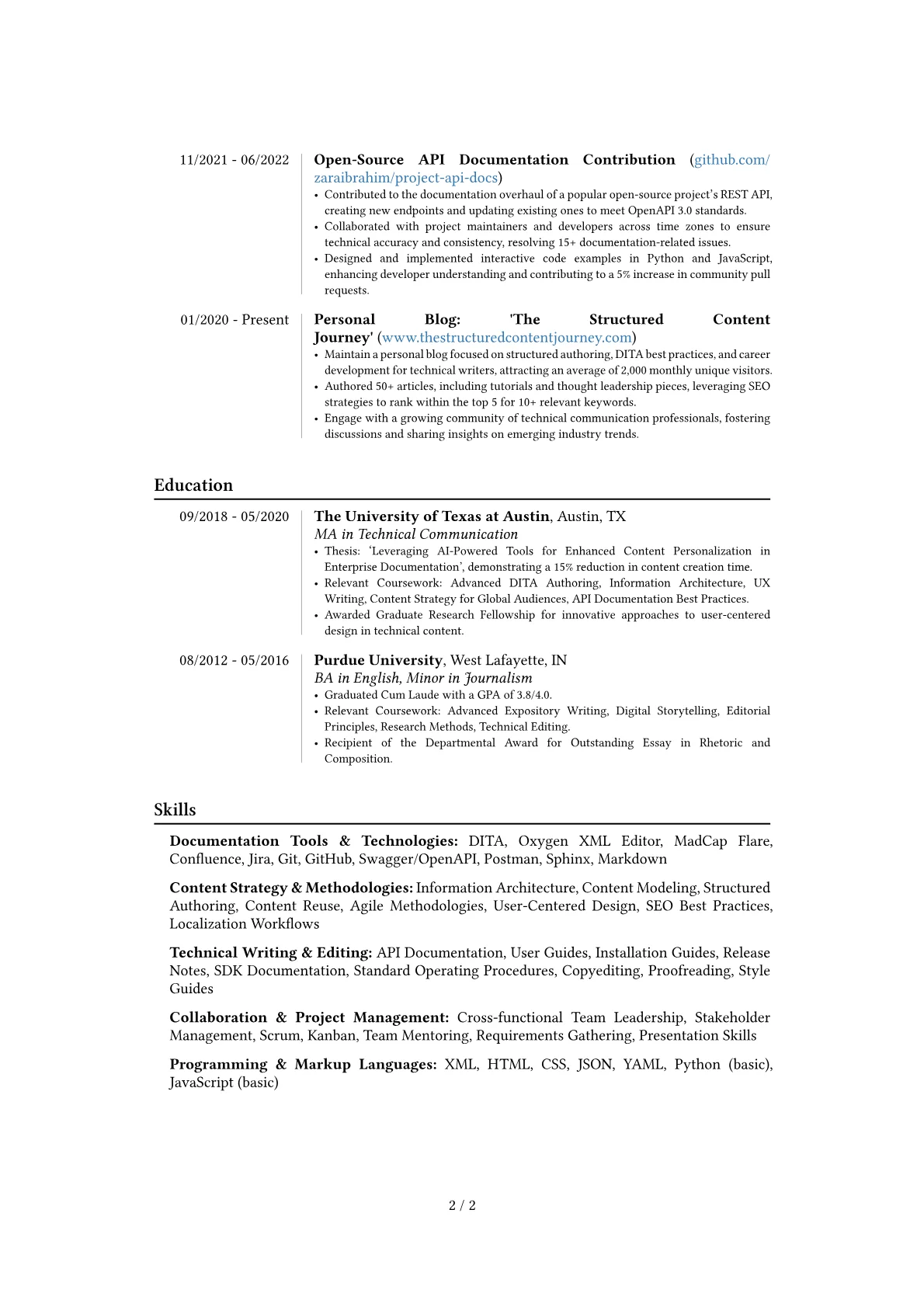 Senior Technical Writer resume example, Career changer, page 2