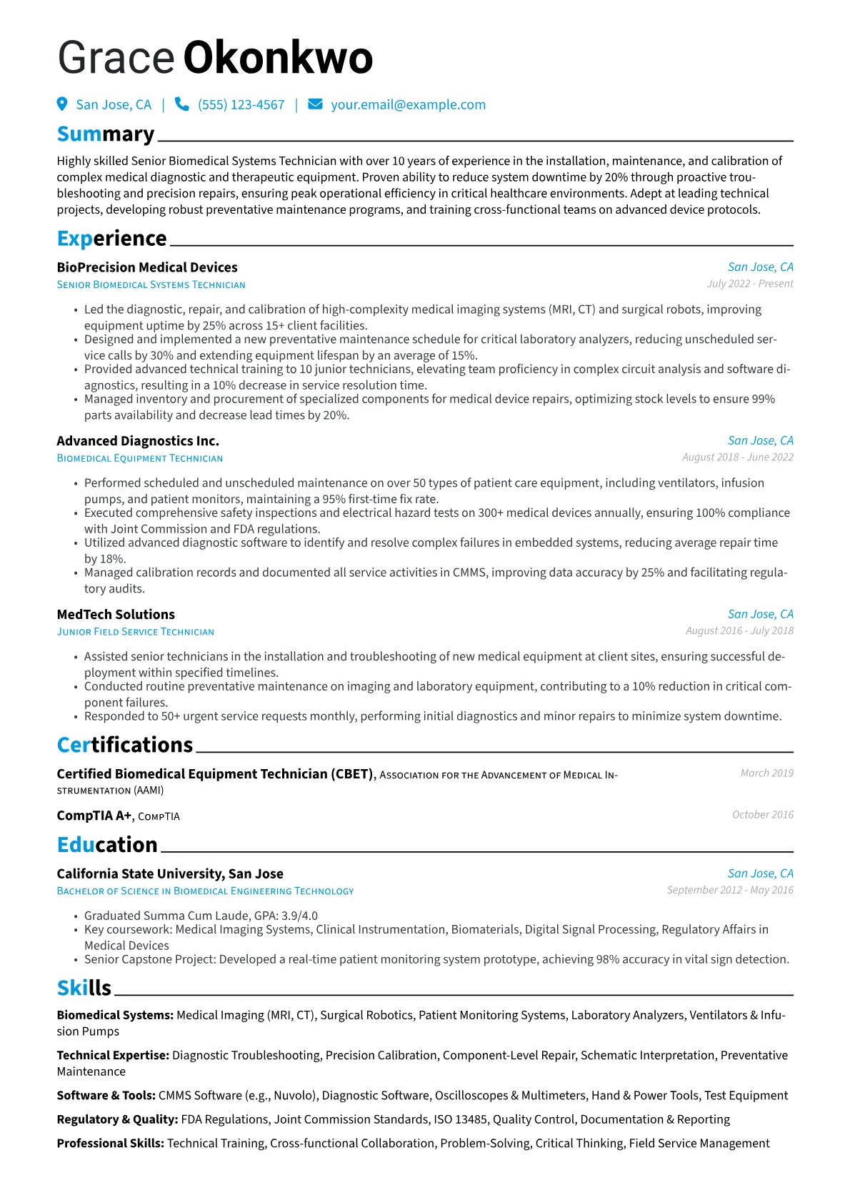Senior Technician resume example, Senior Biomedical Tech, page 1