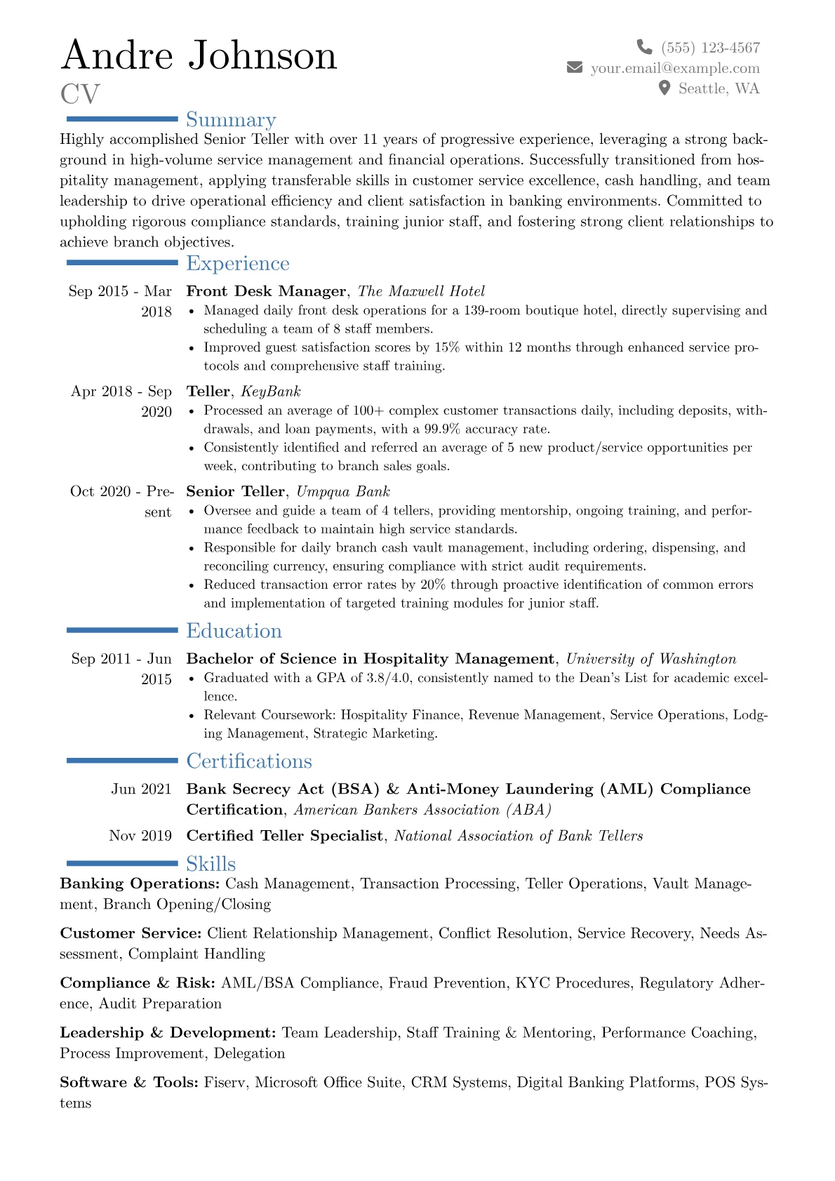 Senior Teller resume example, Career changer, page 1