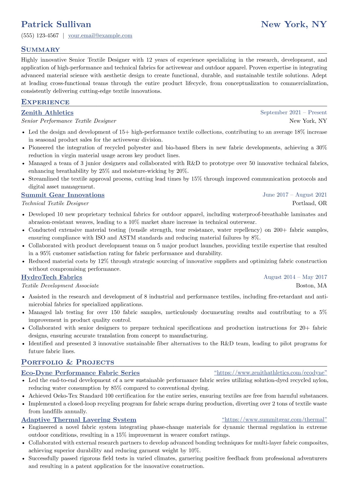 Senior Textile Designer resume example, Senior Textile Designer, page 1