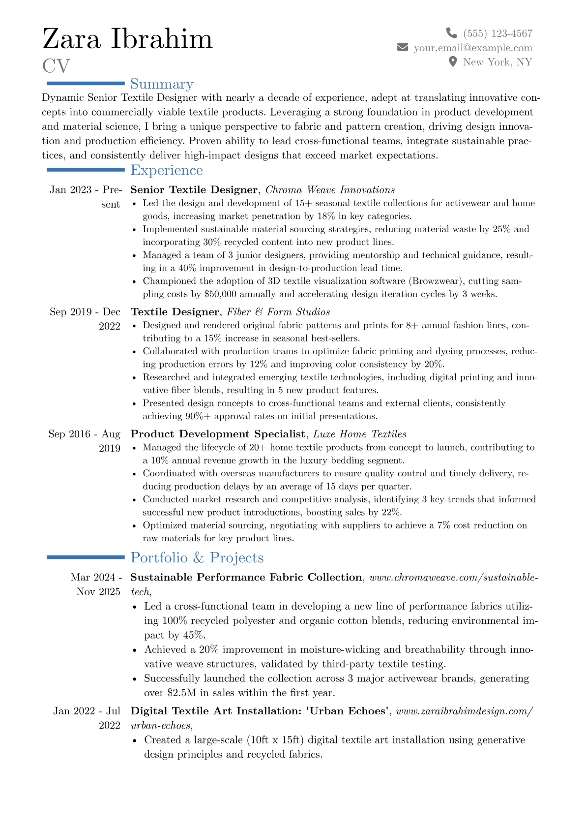 Senior Textile Designer resume example, Career changer, page 1