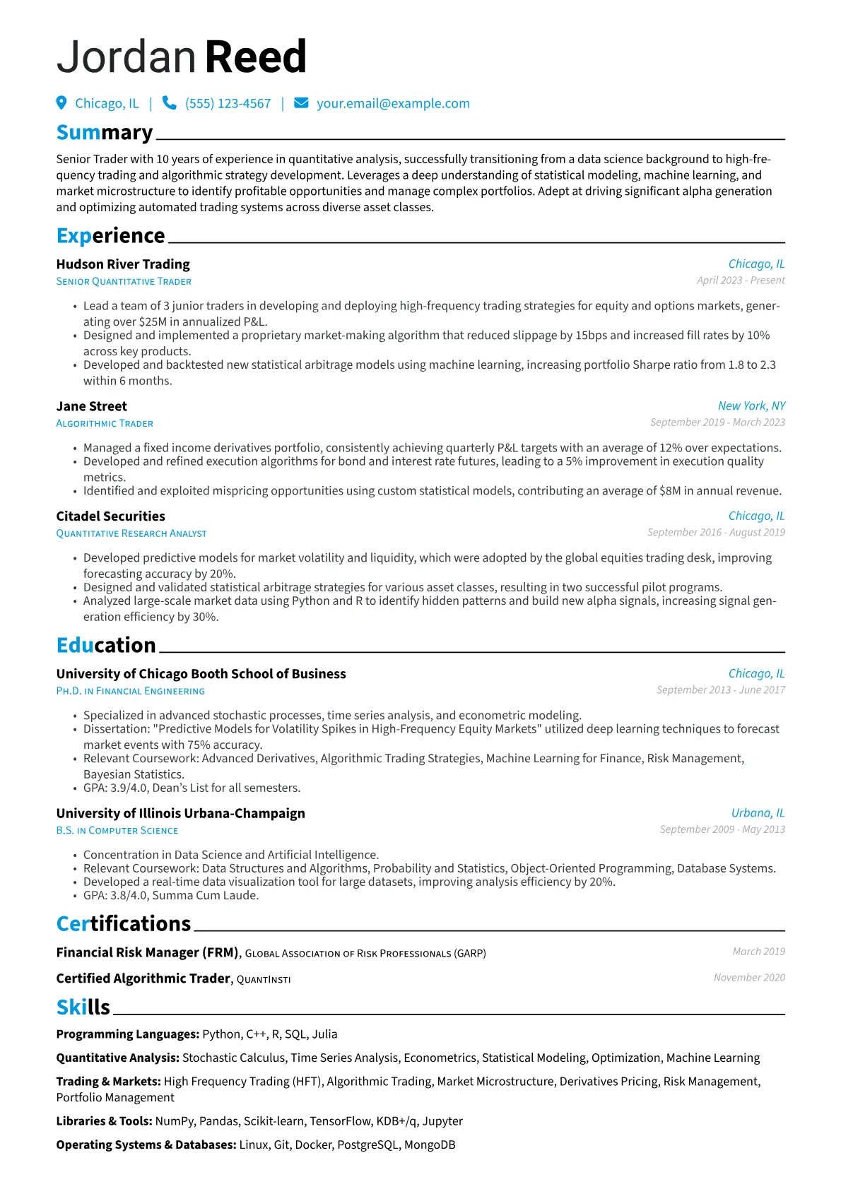 Senior Trader resume example, Career changer, page 1