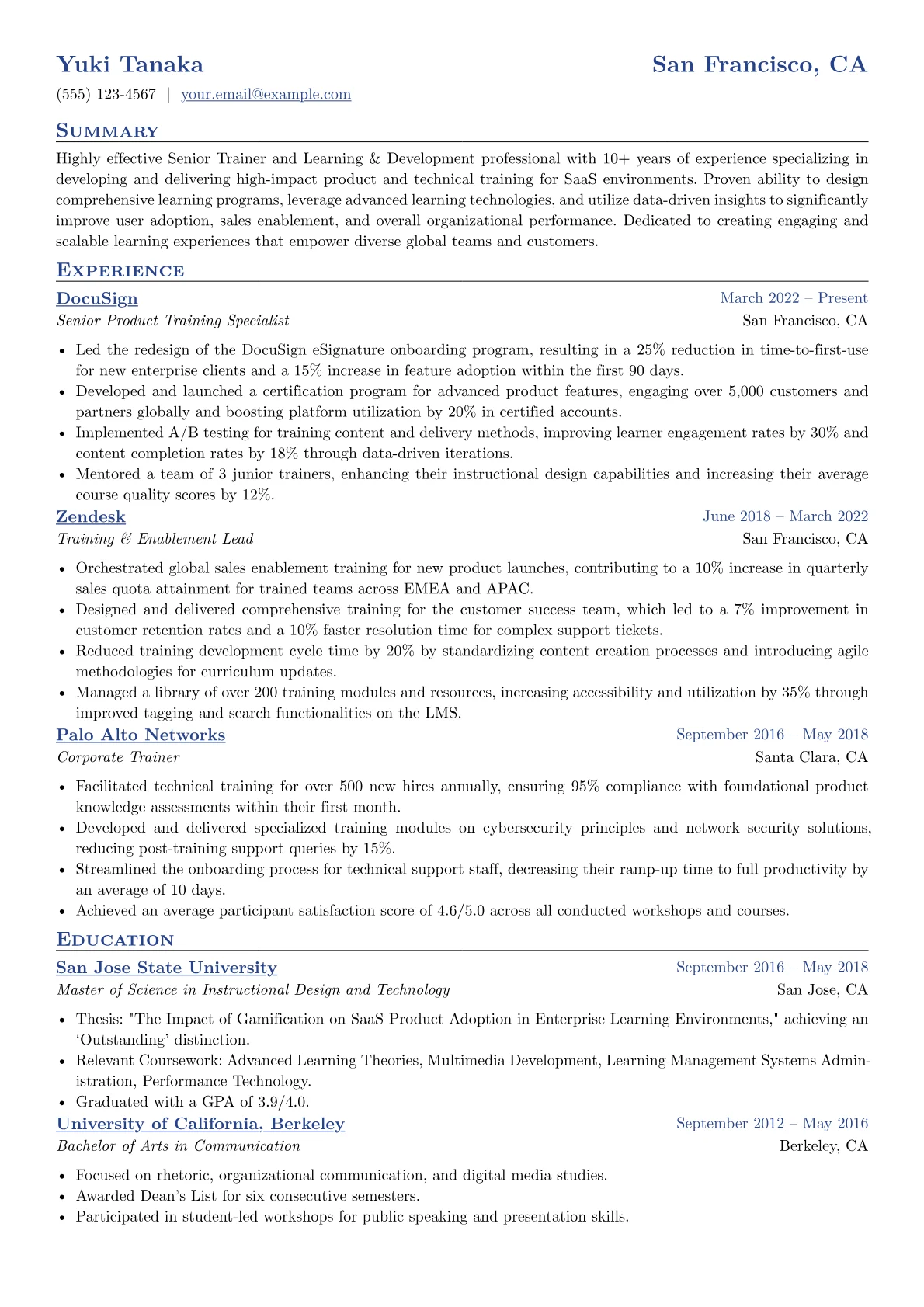 Senior Trainer resume example, Senior Trainer - Tech/SaaS, page 1