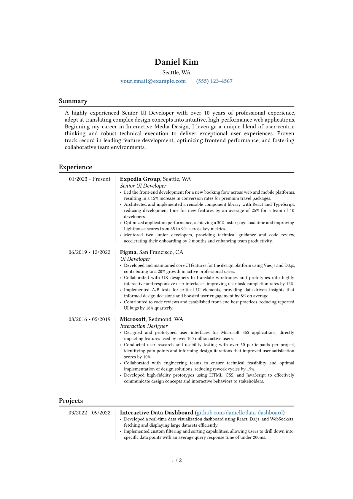 Senior UI Developer resume example, Career changer, page 1