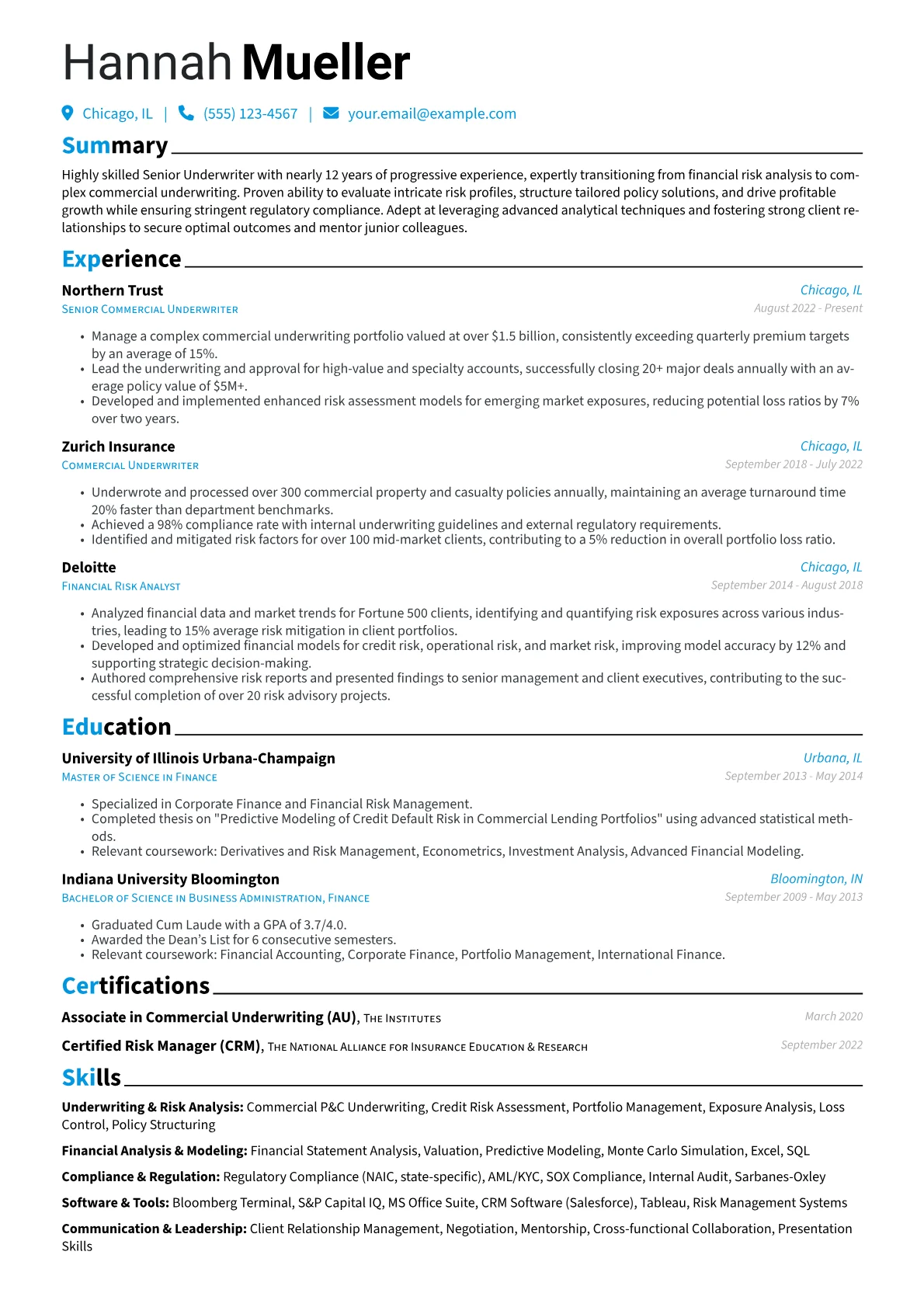 Senior Underwriter resume example, Career changer, page 1