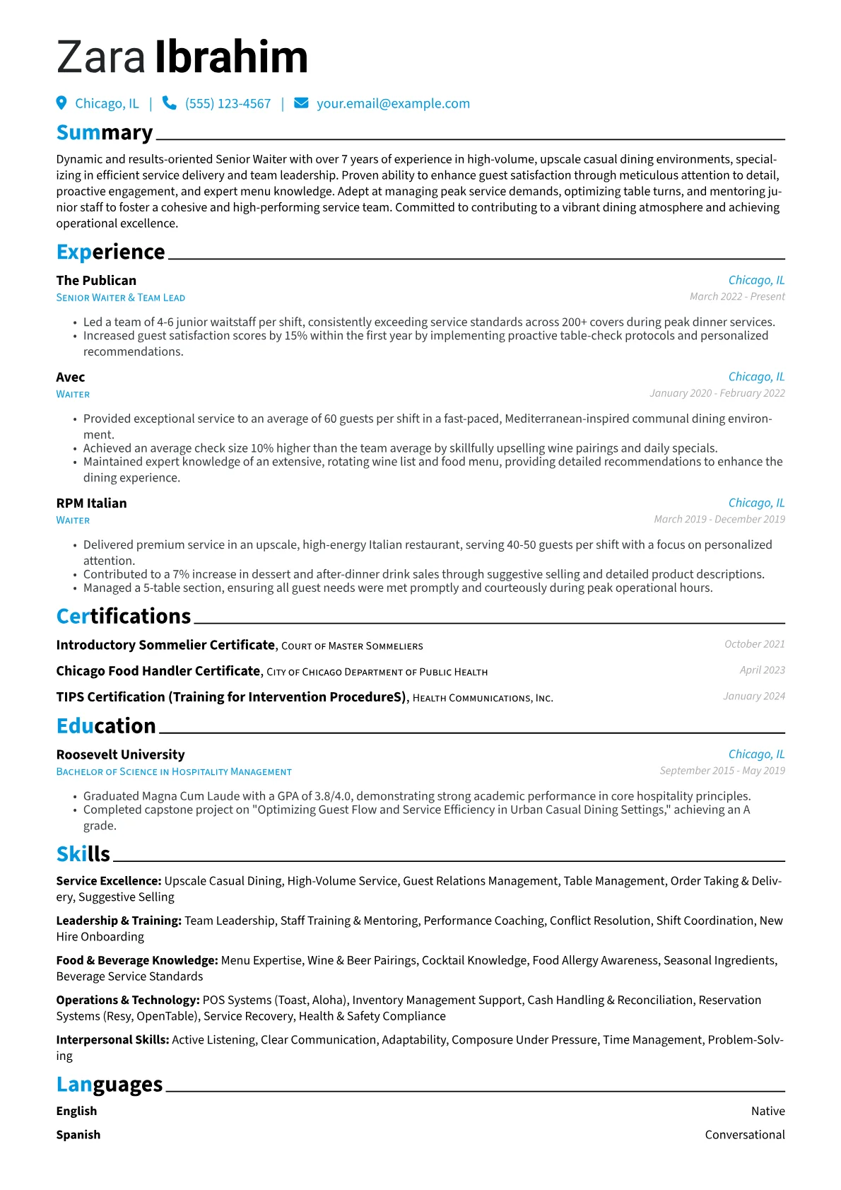 Senior Waiter resume example, Senior Waiter, page 1