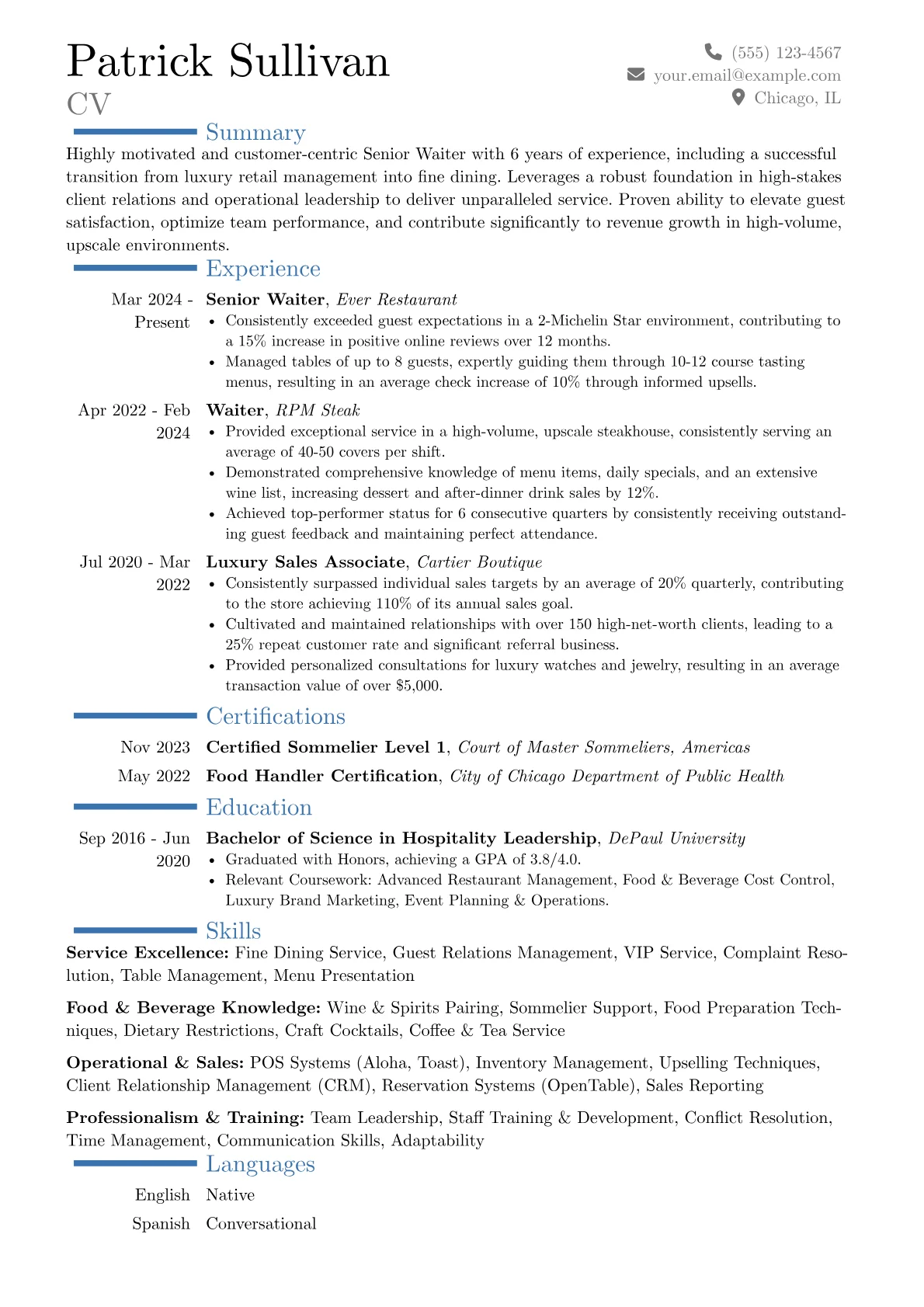 Senior Waiter resume example, Career changer, page 1
