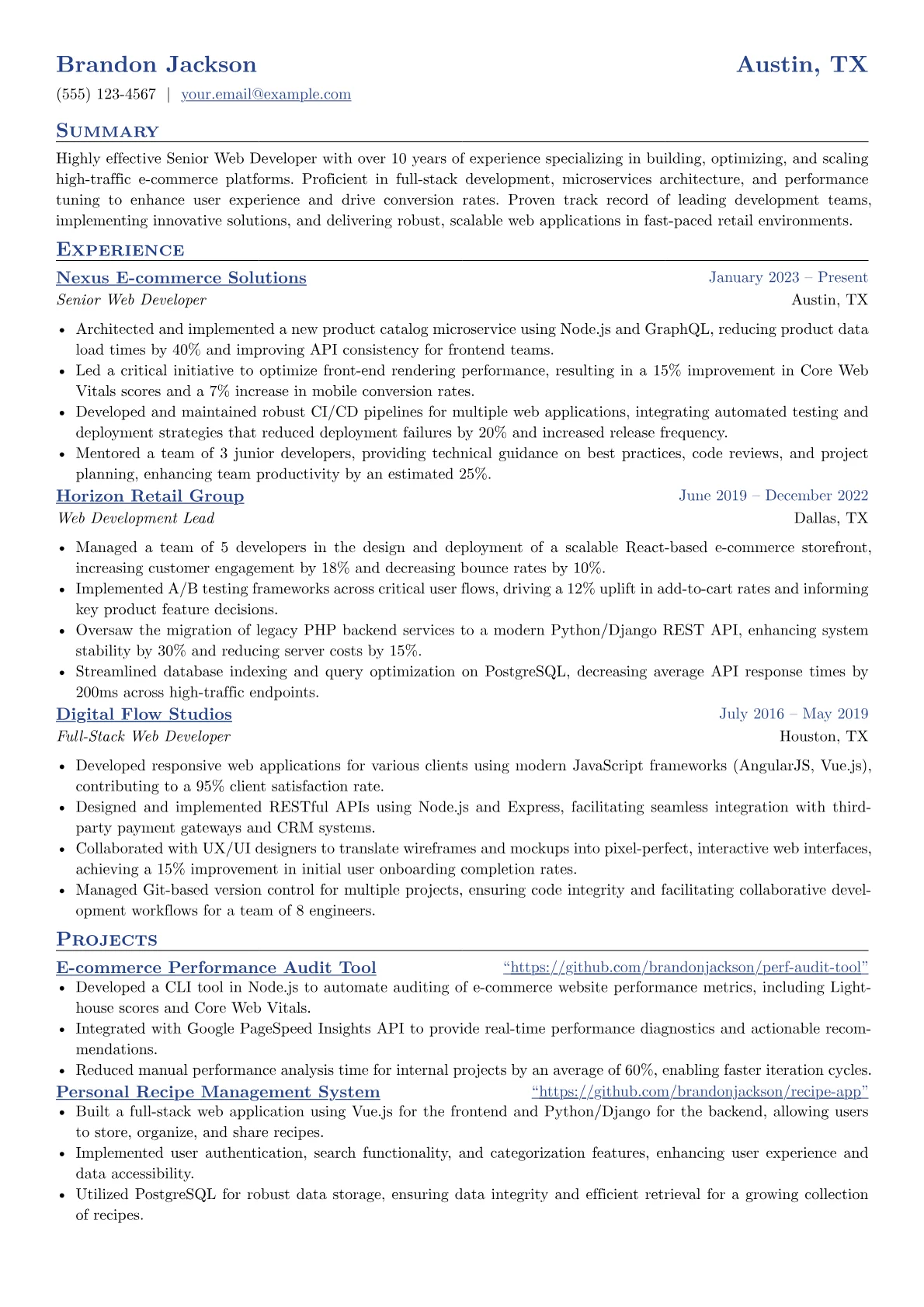 Senior Web Developer resume example, E-commerce & Performance, page 1