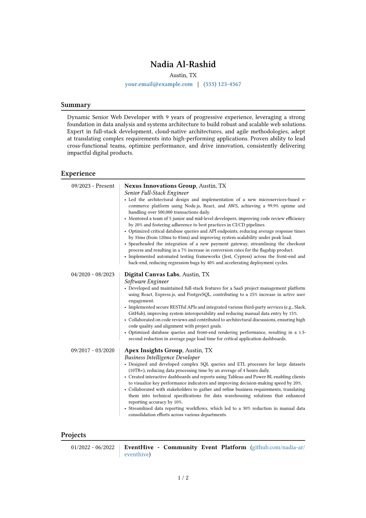 Senior Web Developer resume example, Career changer, page 1