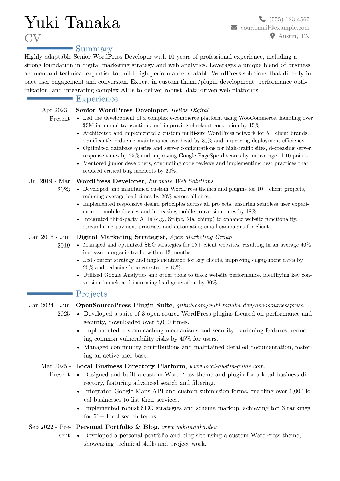 Senior WordPress Developer resume example, Career changer, page 1