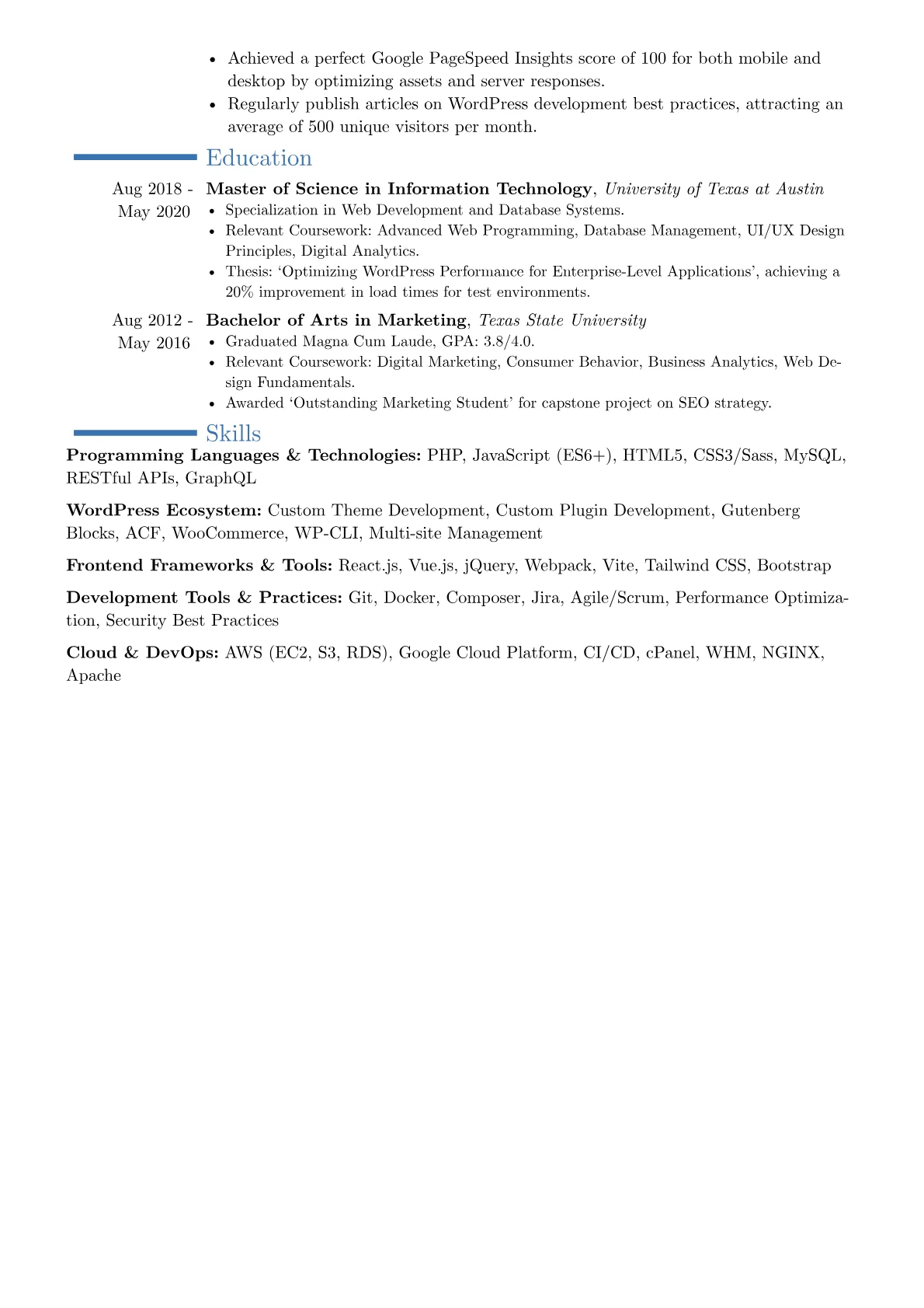 Senior WordPress Developer resume example, Career changer, page 2