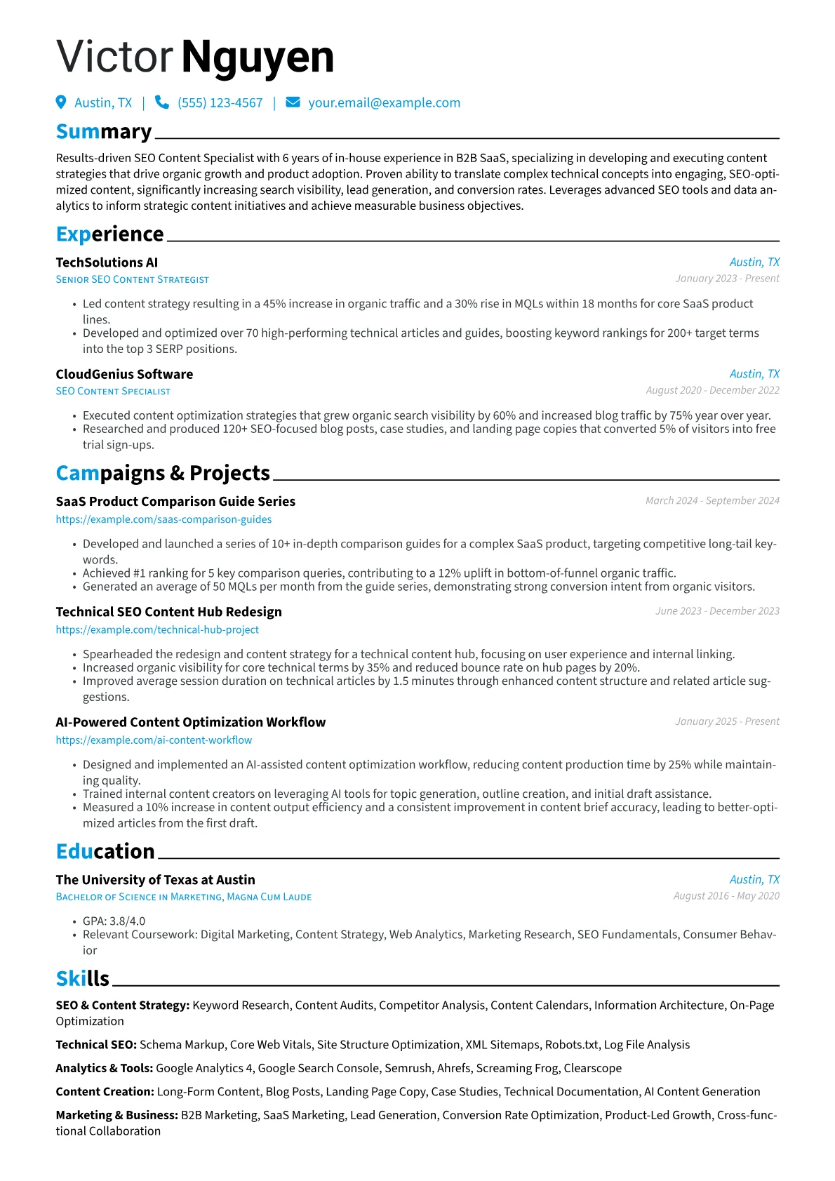 SEO Content Specialist resume example, SEO Content Specialist, page 1