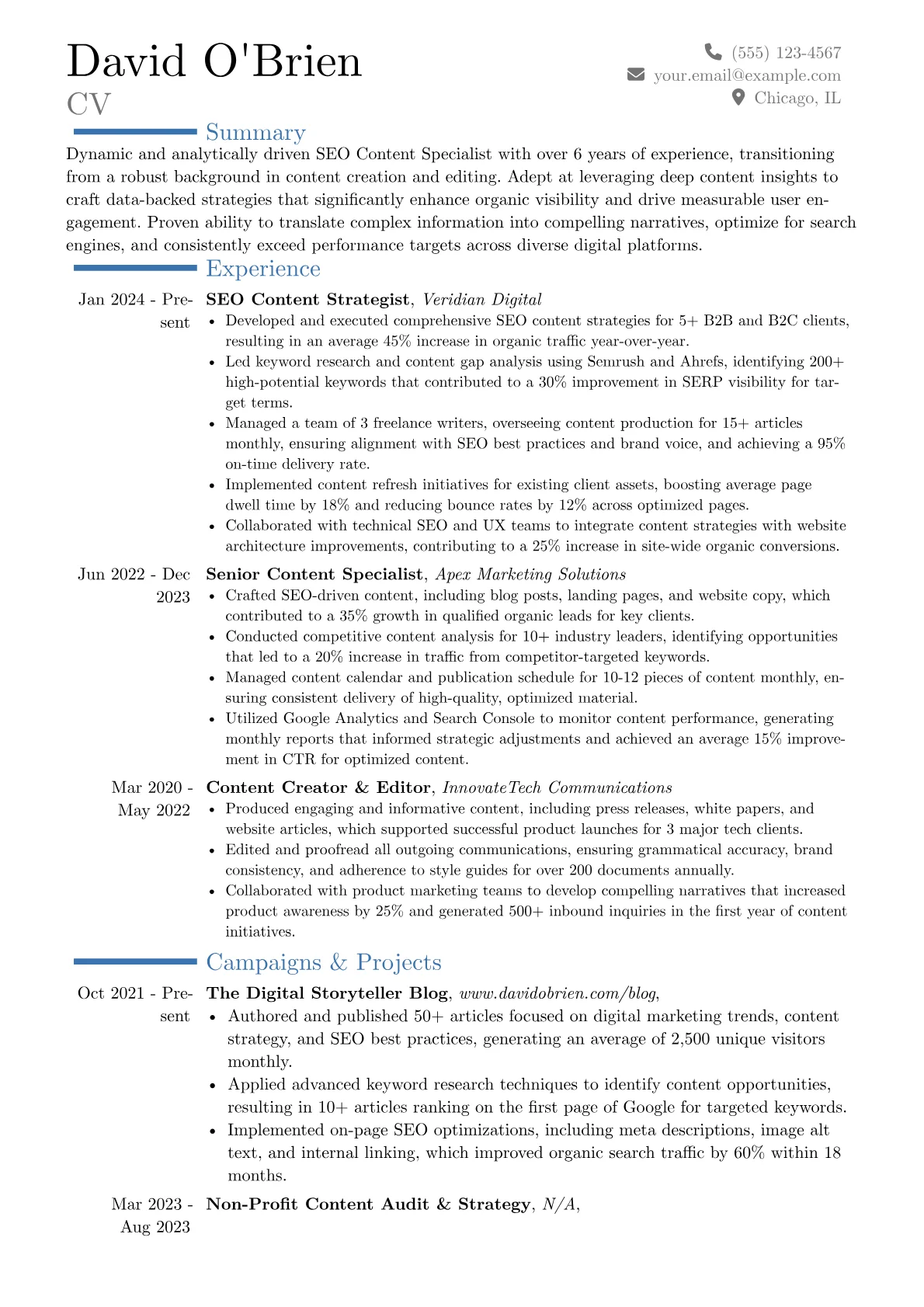 SEO Content Specialist resume example, Career changer, page 1