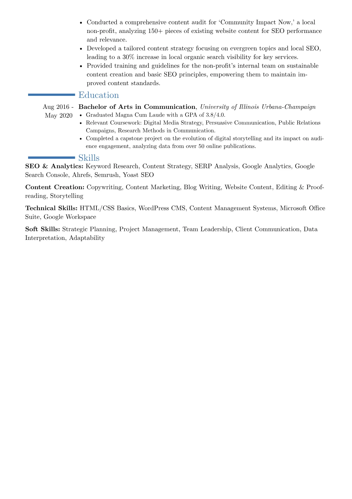 SEO Content Specialist resume example, Career changer, page 2