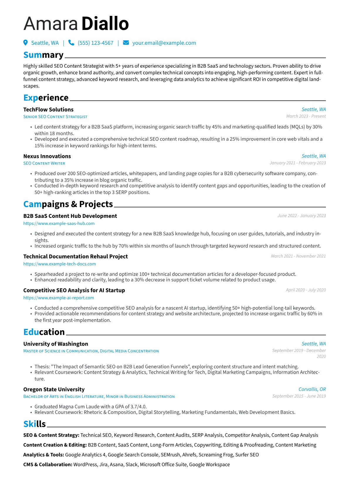 SEO Content Writer resume example, SEO & Content Strategy, page 1