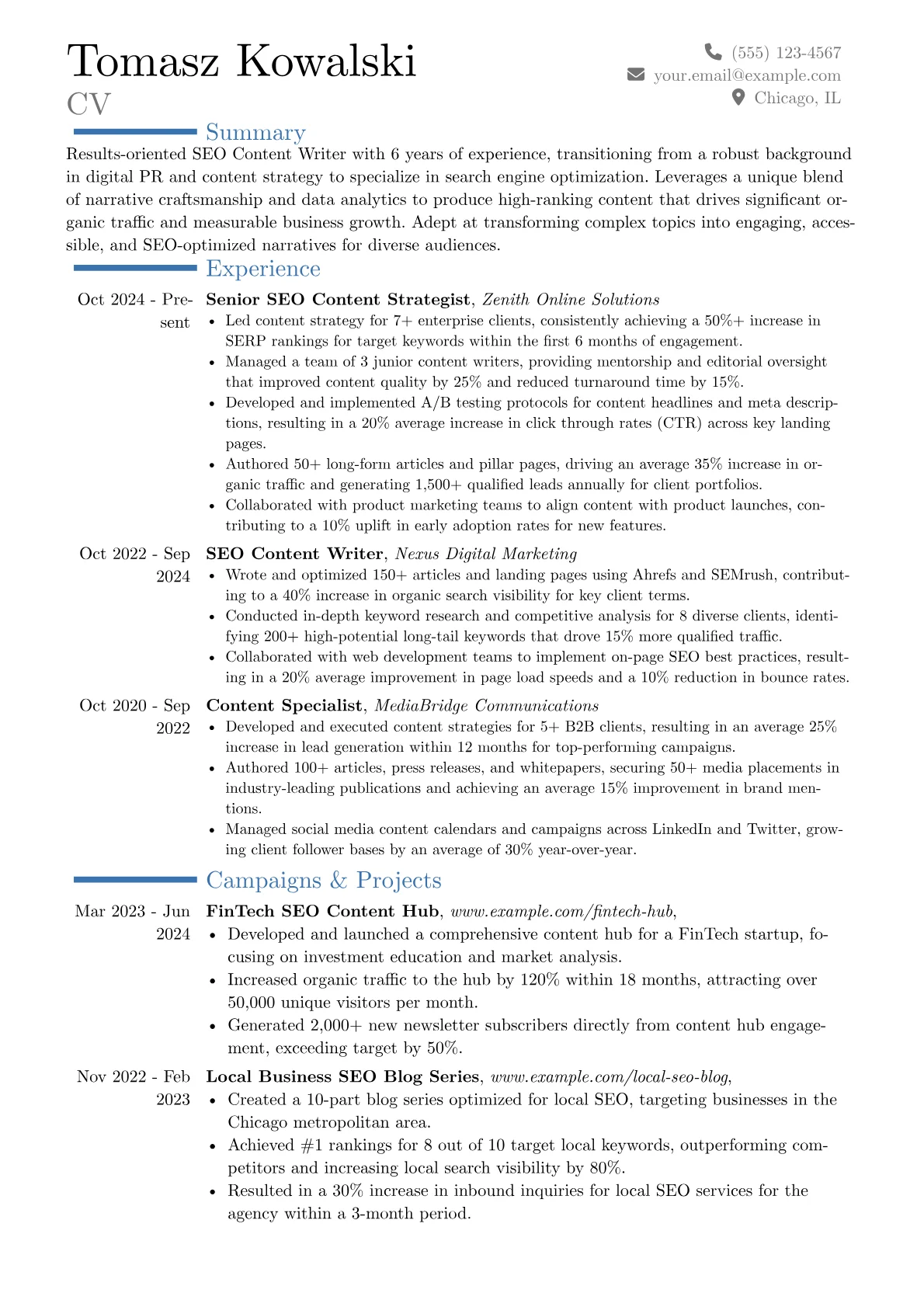 SEO Content Writer resume example, Career changer, page 1