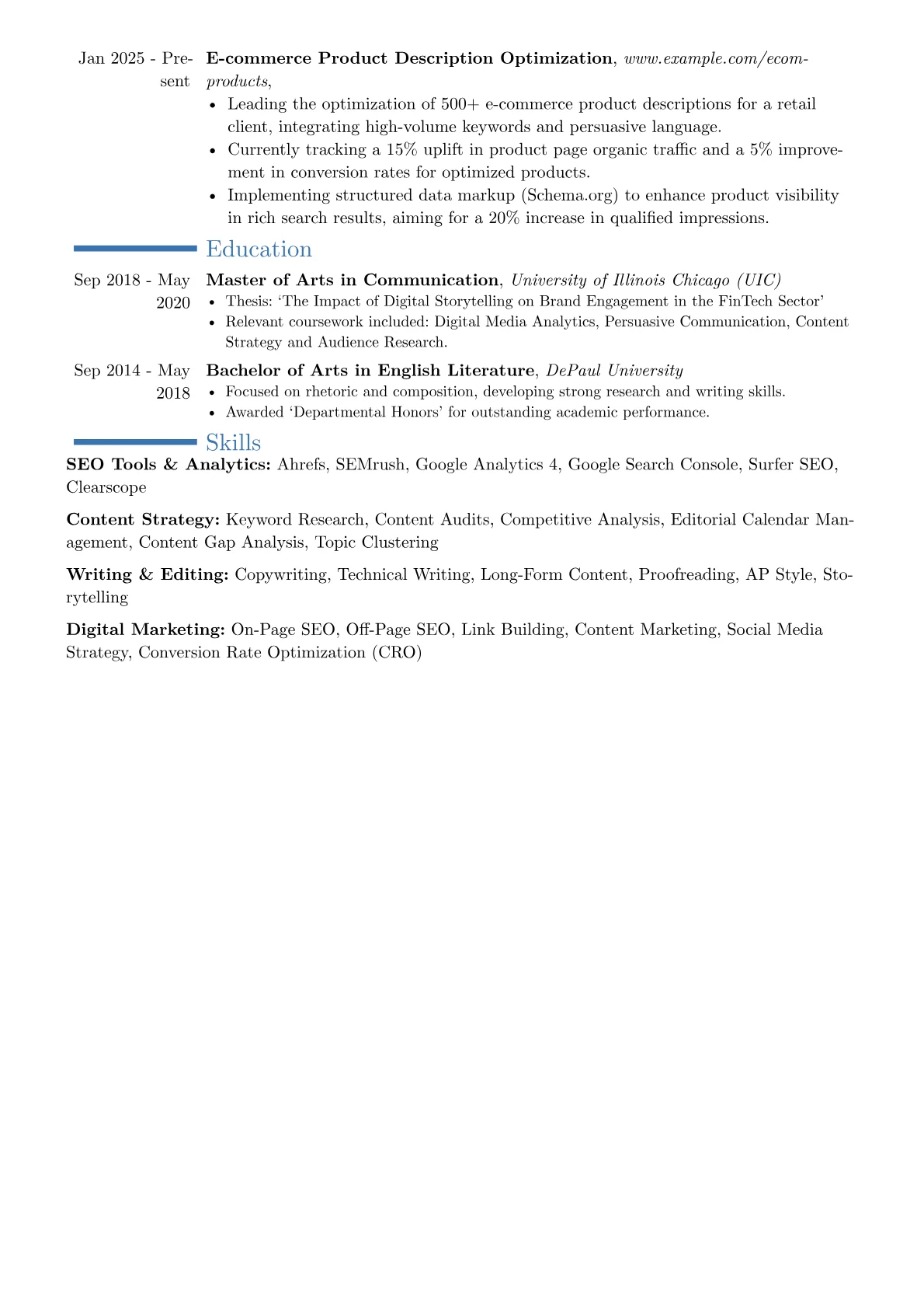 SEO Content Writer resume example, Career changer, page 2