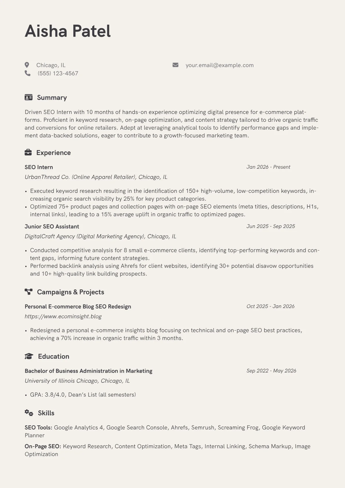 SEO Intern resume example, e-commerce specialist, page 1