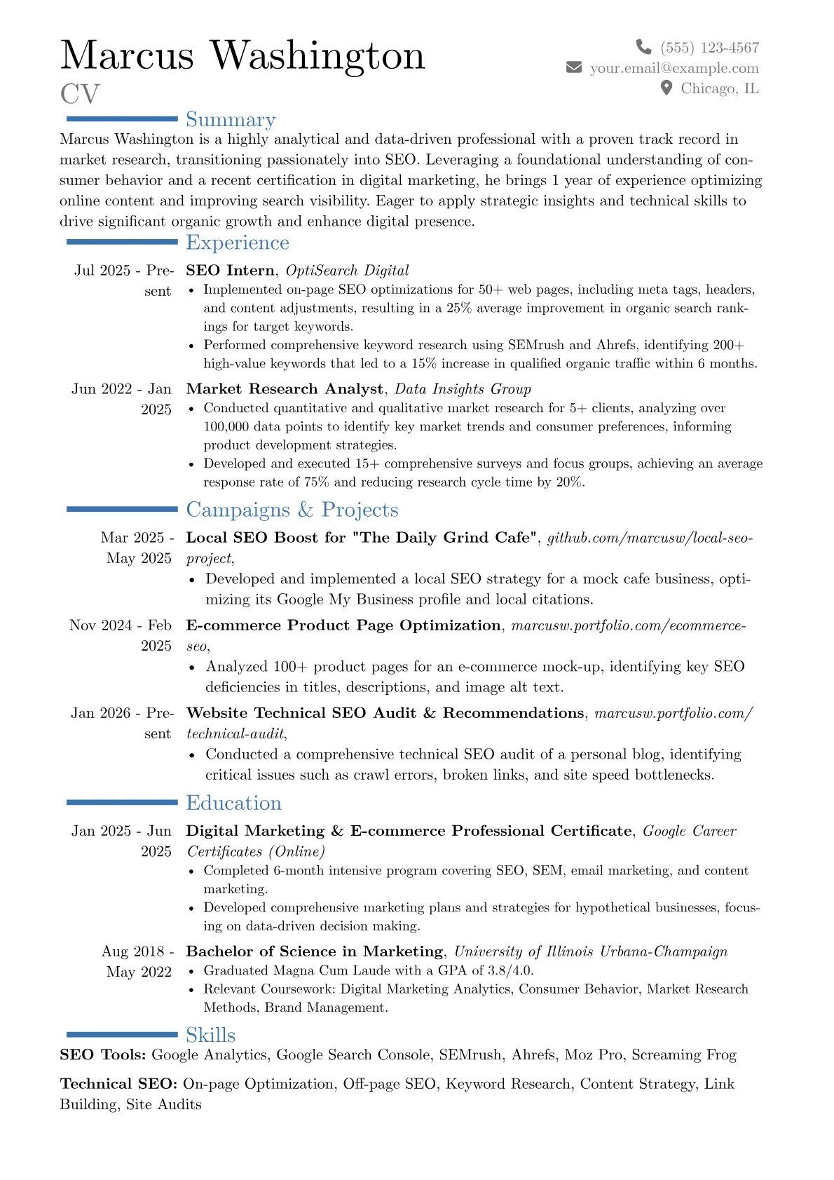 SEO Intern resume example, Career changer, page 1