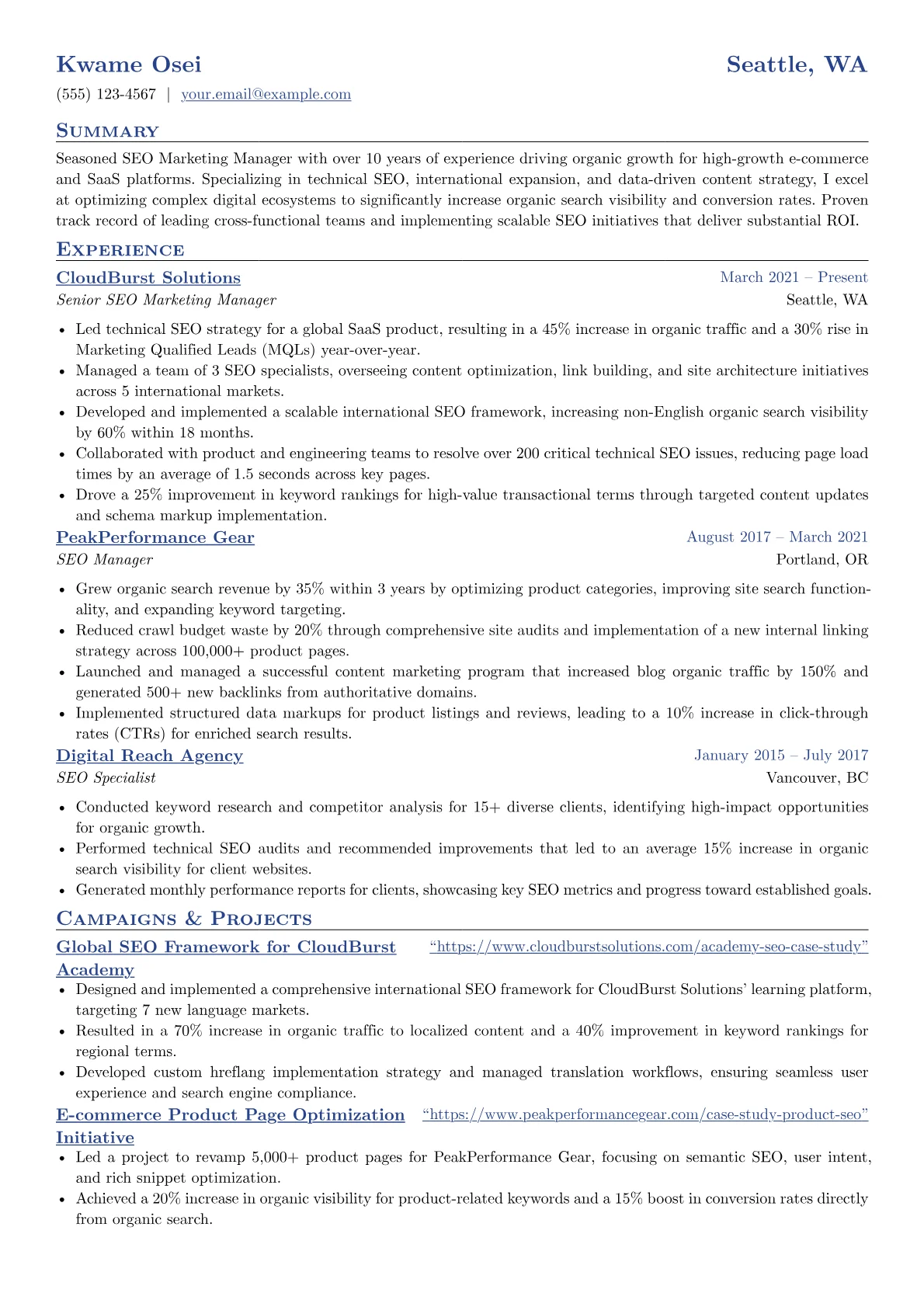 SEO Marketing Manager resume example, SEO Expertise, page 1