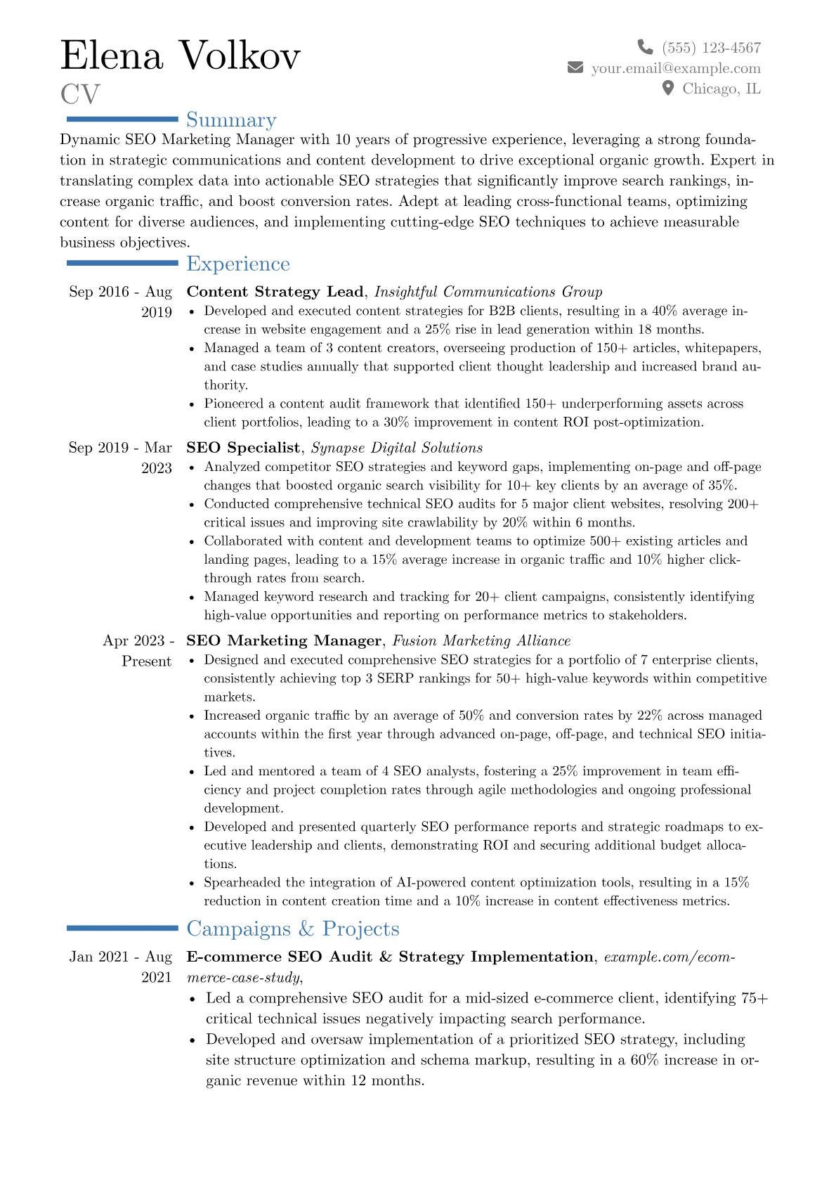 SEO Marketing Manager resume example, Career changer, page 1