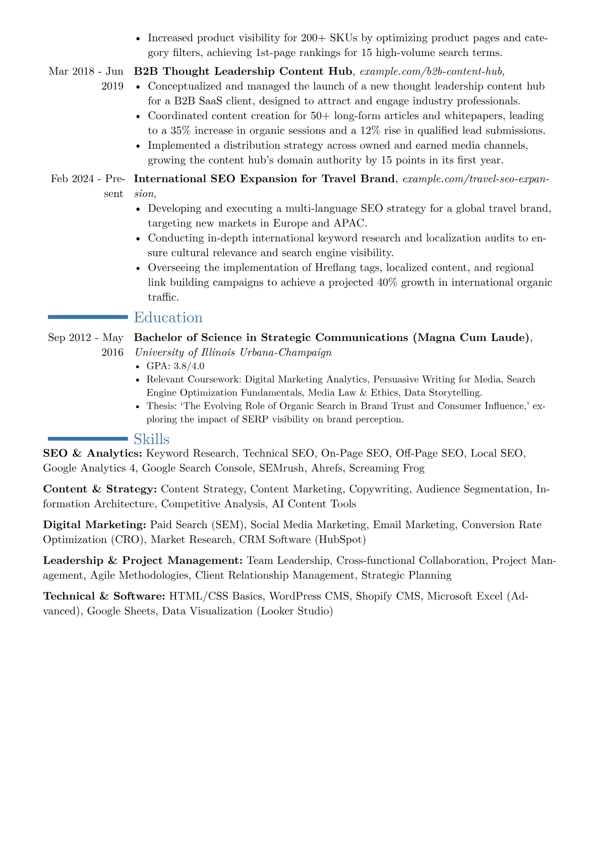 SEO Marketing Manager resume example, Career changer, page 2