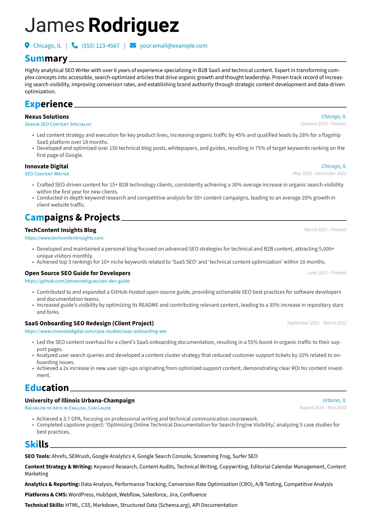 SEO Writer resume example, Default, page 1