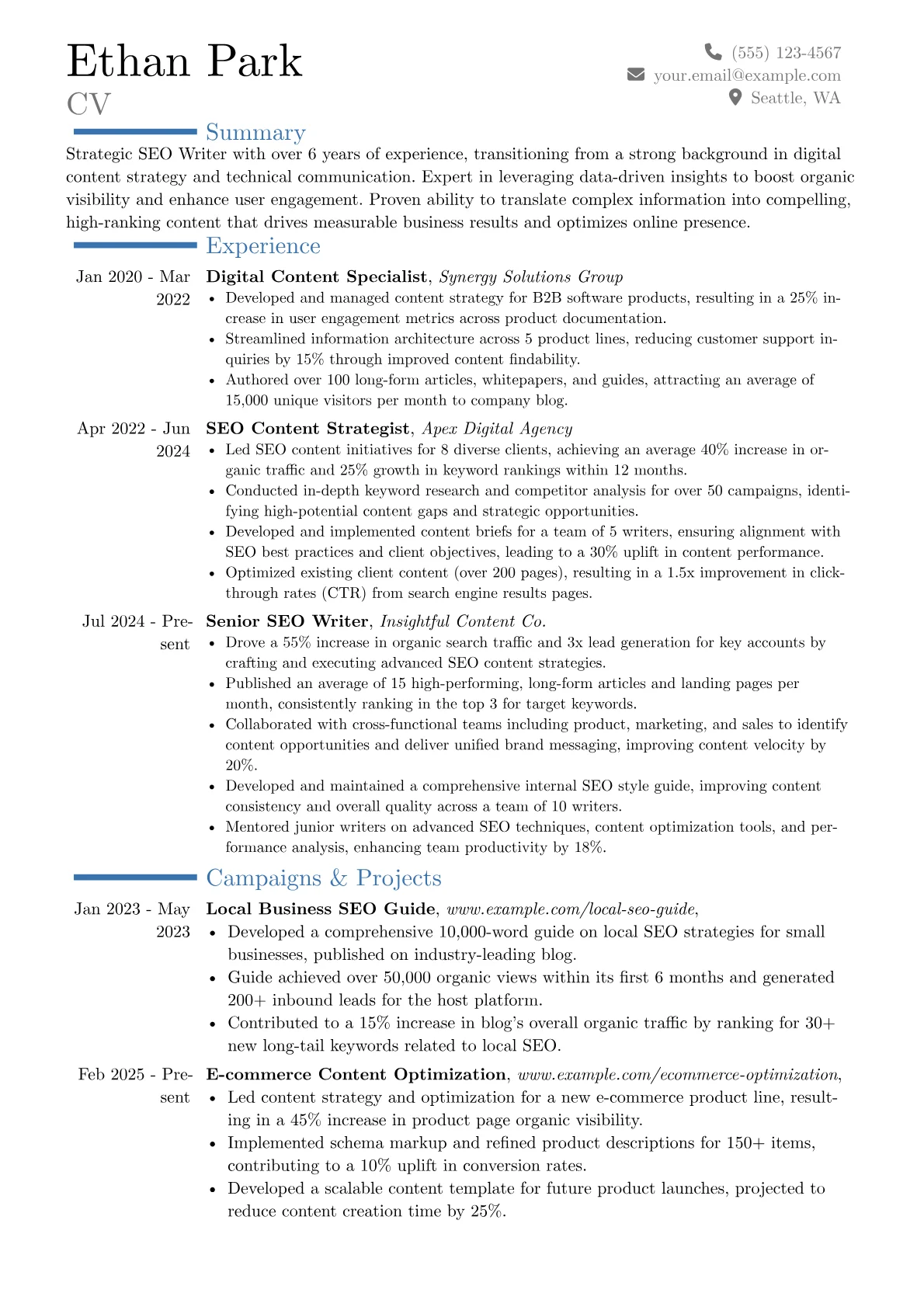SEO Writer resume example, Career changer, page 1