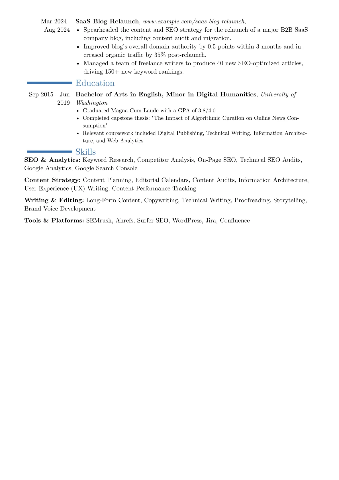 SEO Writer resume example, Career changer, page 2