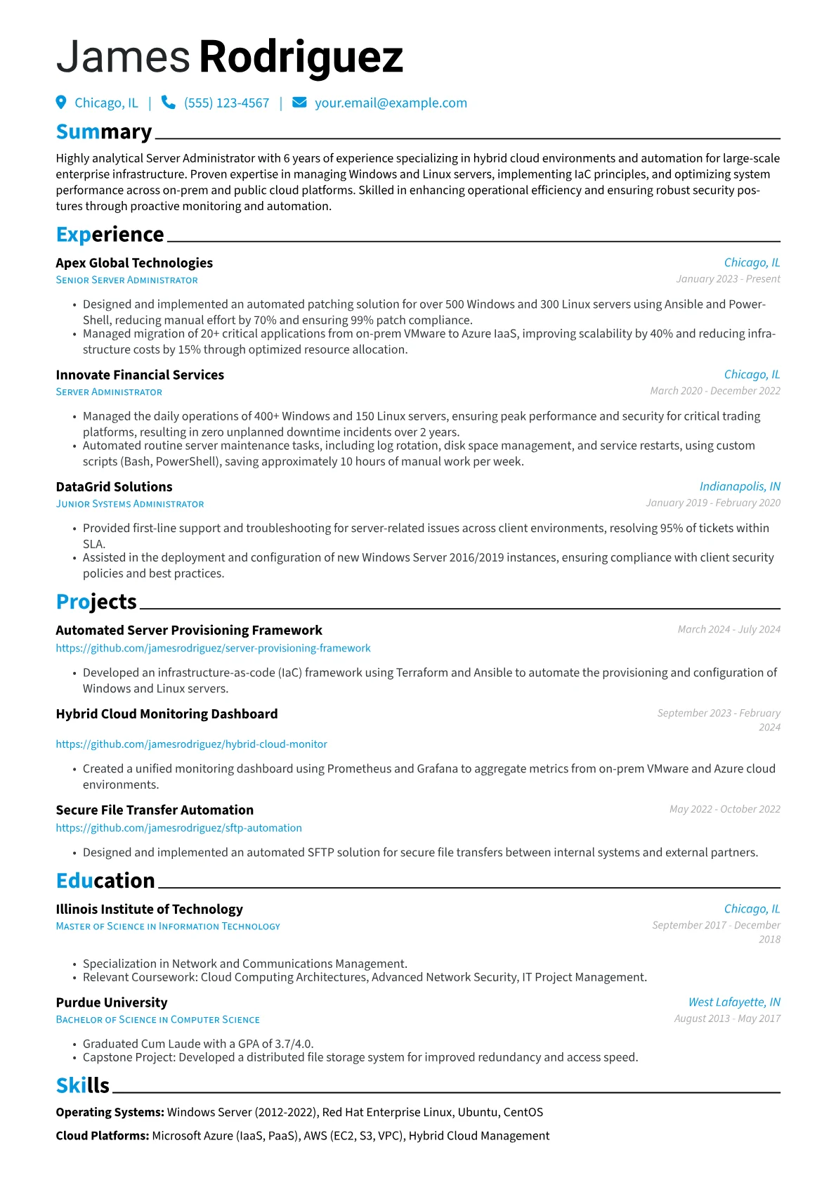 Server Administrator resume example, Hybrid Cloud & Automation, page 1