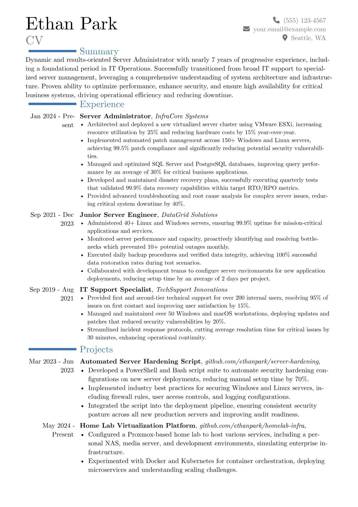 Server Administrator resume example, Career changer, page 1
