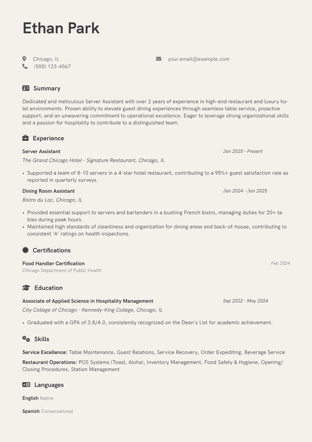 Server Assistant resume example, Server Assistant, page 1