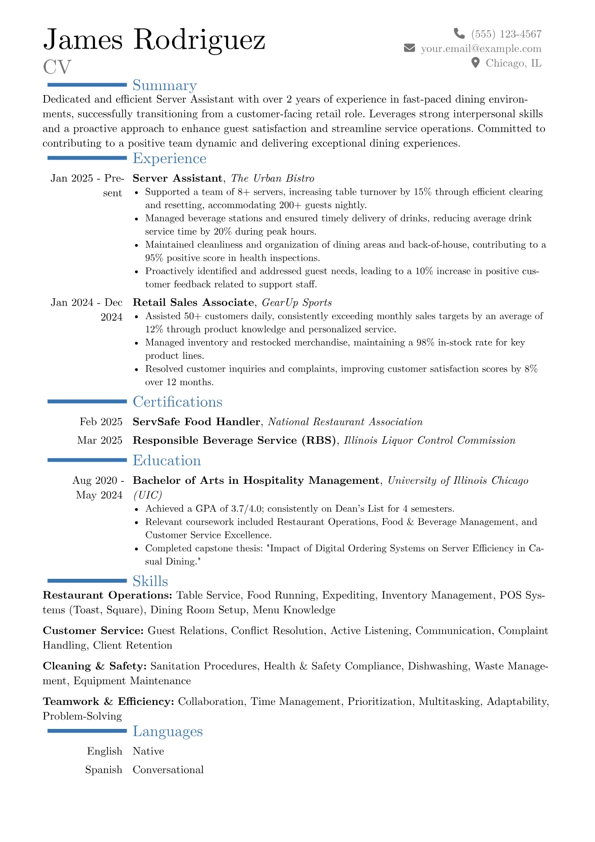 Server Assistant resume example, Career changer, page 1