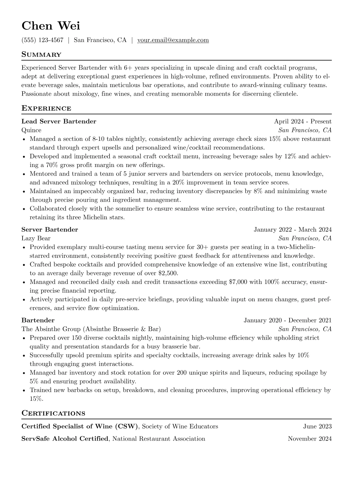 Server Bartender resume example, Fine Dining & Craft, page 1